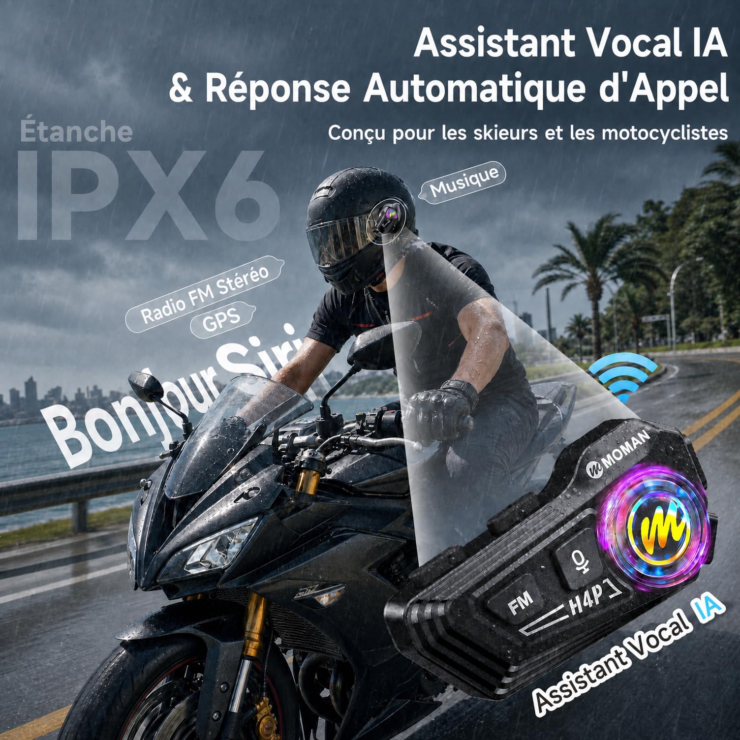 Moman Motorrad Helm Headset BT5.1 avec Haut-parleurs Hi-FI, Double réduction du Bruit, RVB, FM, Mains Libres, Commande vocale AI, pour conducteur Unique, Étanche IPX6