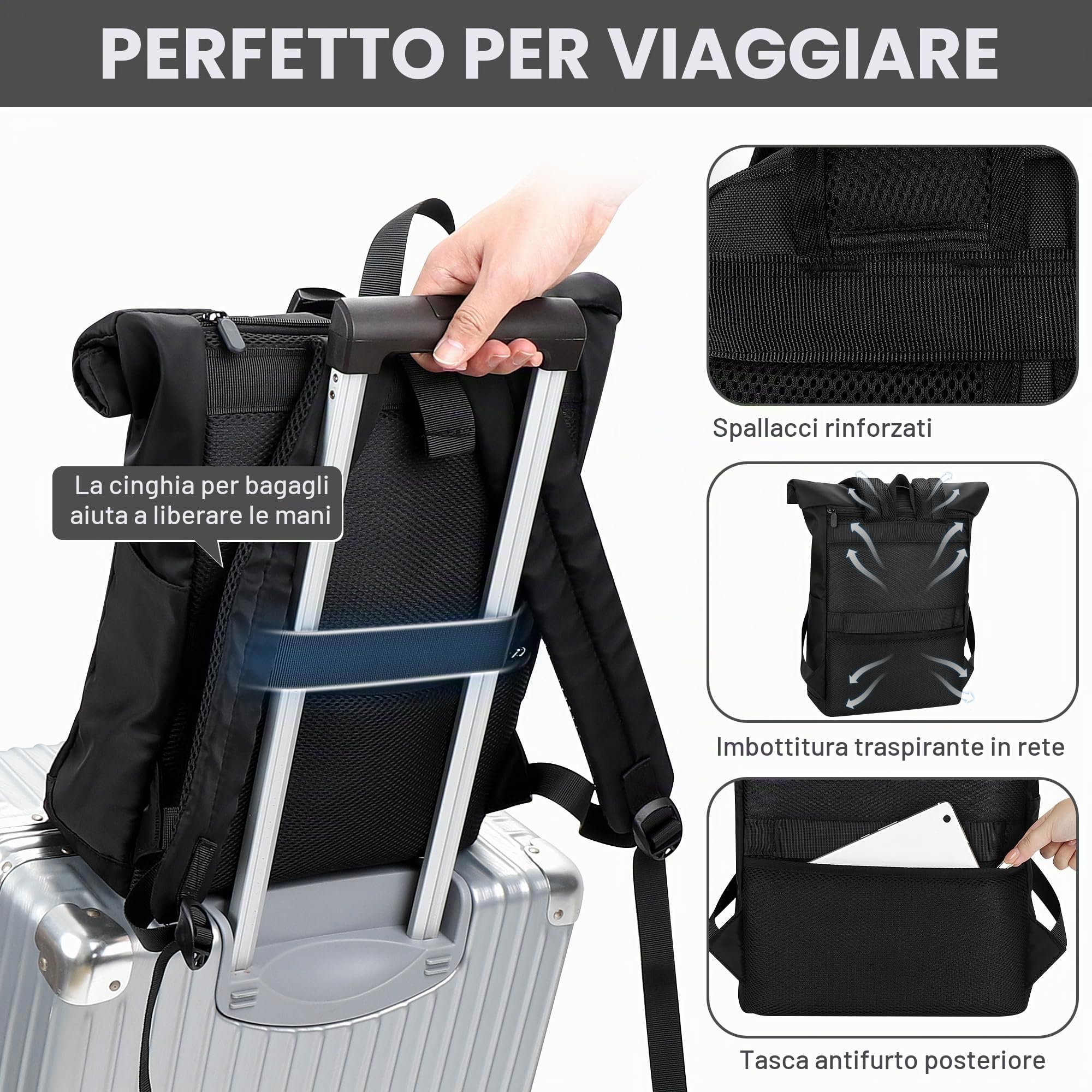 Zaino da Viaggio, Zaino Rolltop Backpack per Laptop Porta PC 15,6 Pollici, Zaino Università Zaini Antifurto Espandibile 18-25L per Donne Uomini Zainetto Daypack Casual per scuola, Lavoro Nero