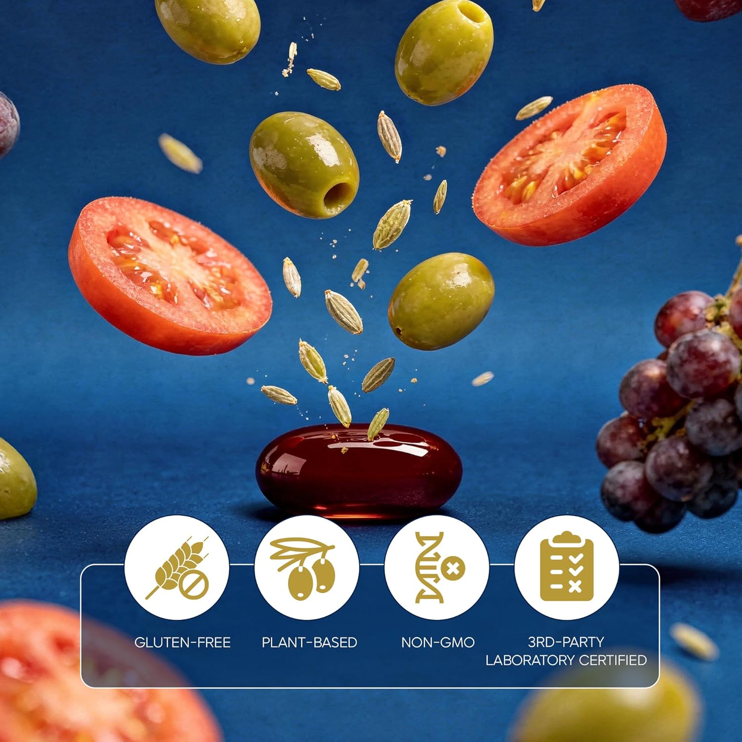 Essential Dietary Supplement: Three Key Fruits of the Mediterranean Diet® (Olives, Grapes, Tomatoes) - Plant-Based Softgels (60 Day Supply)