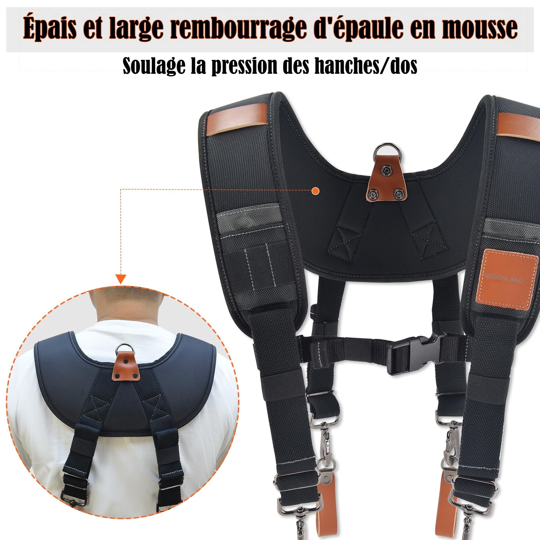 WELKINLAND Bretelles de ceinture à outils en cuir robuste, bretelles de sac à outils de charpentier, bretelles en cuir pour ceinture à outils, ceinture à outils de construction, bretelles de ceinture