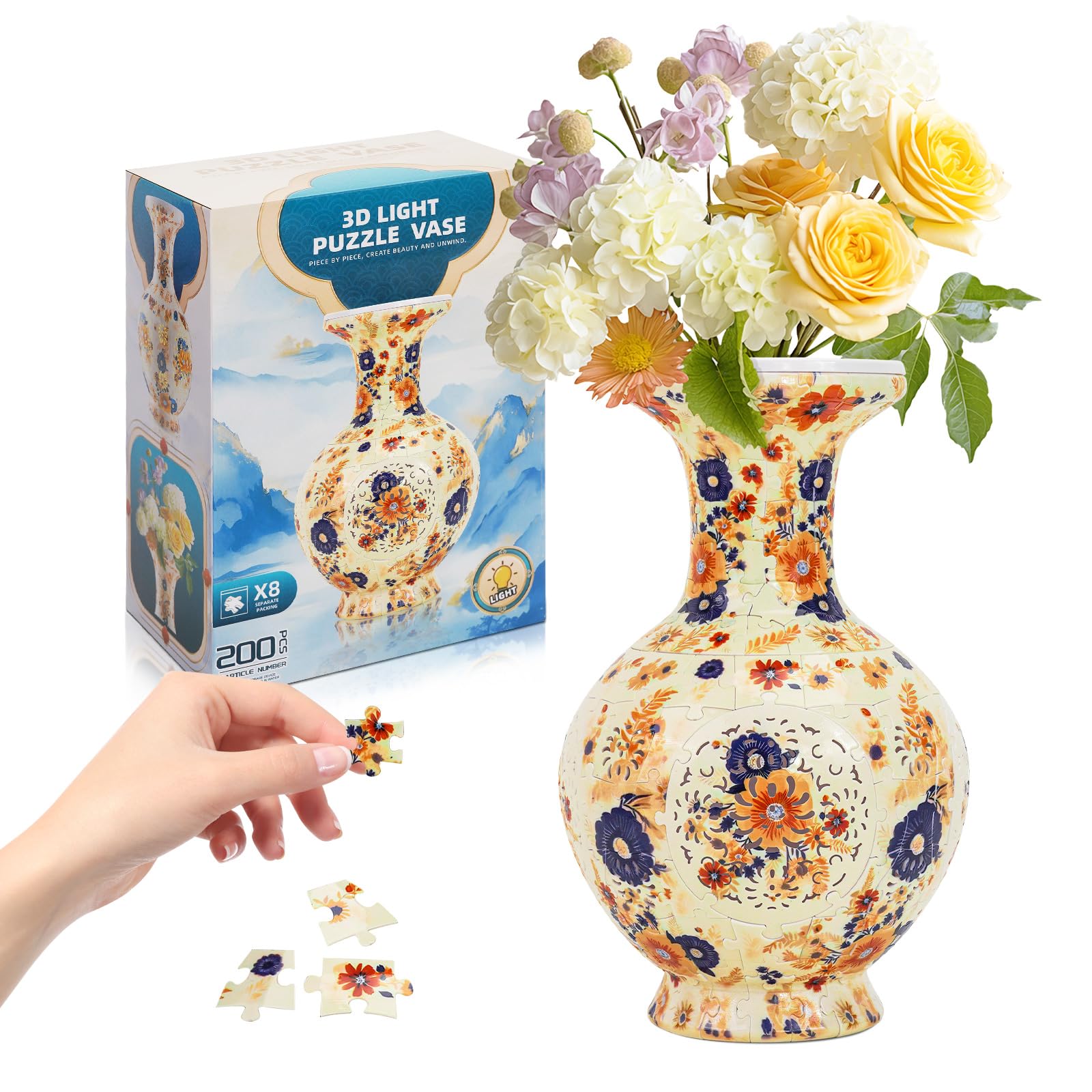 LED 3D Puzzle Vase for Adults – Challenging Flower Vase Puzzle for Home and Office – Sunny Garden