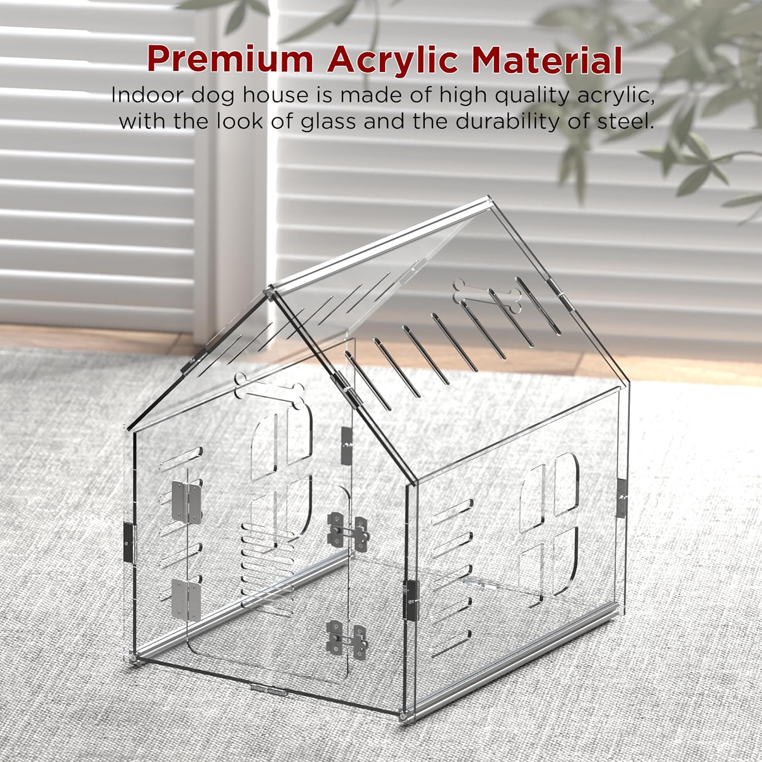 Dethan Acrylic Dog House Clear Indoor Crate with Lockable Ventilated Design, Modern Transparent Small or Medium Kennel Furniture, Secure Pet Cage for Home & Apartment Use, 24" L x 18" W x 24" H