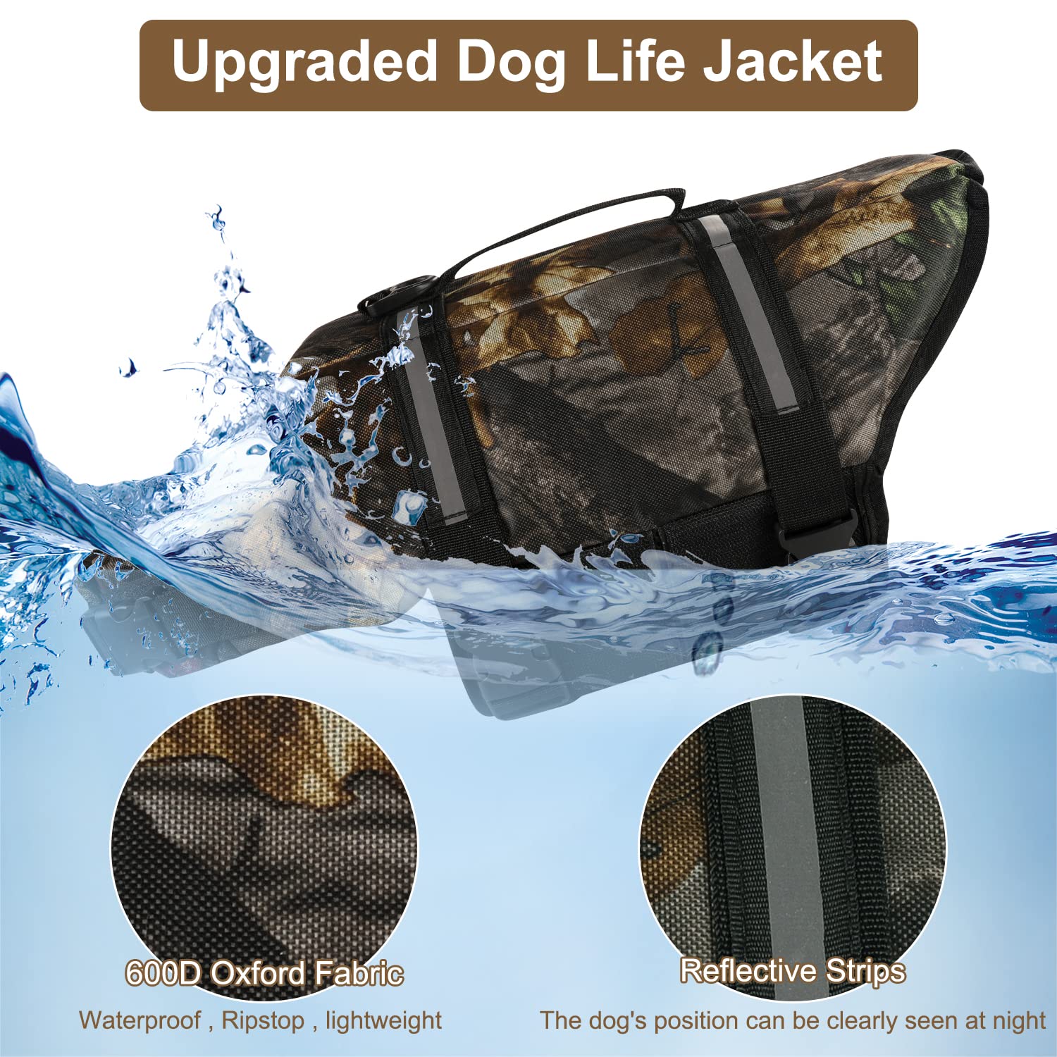 HAOCOO Dog Life Jacket Vest Saver Safety Swimsuit Preserver with Reflective Stripes/Adjustable Belt for Dogs (Large, Camouflage)