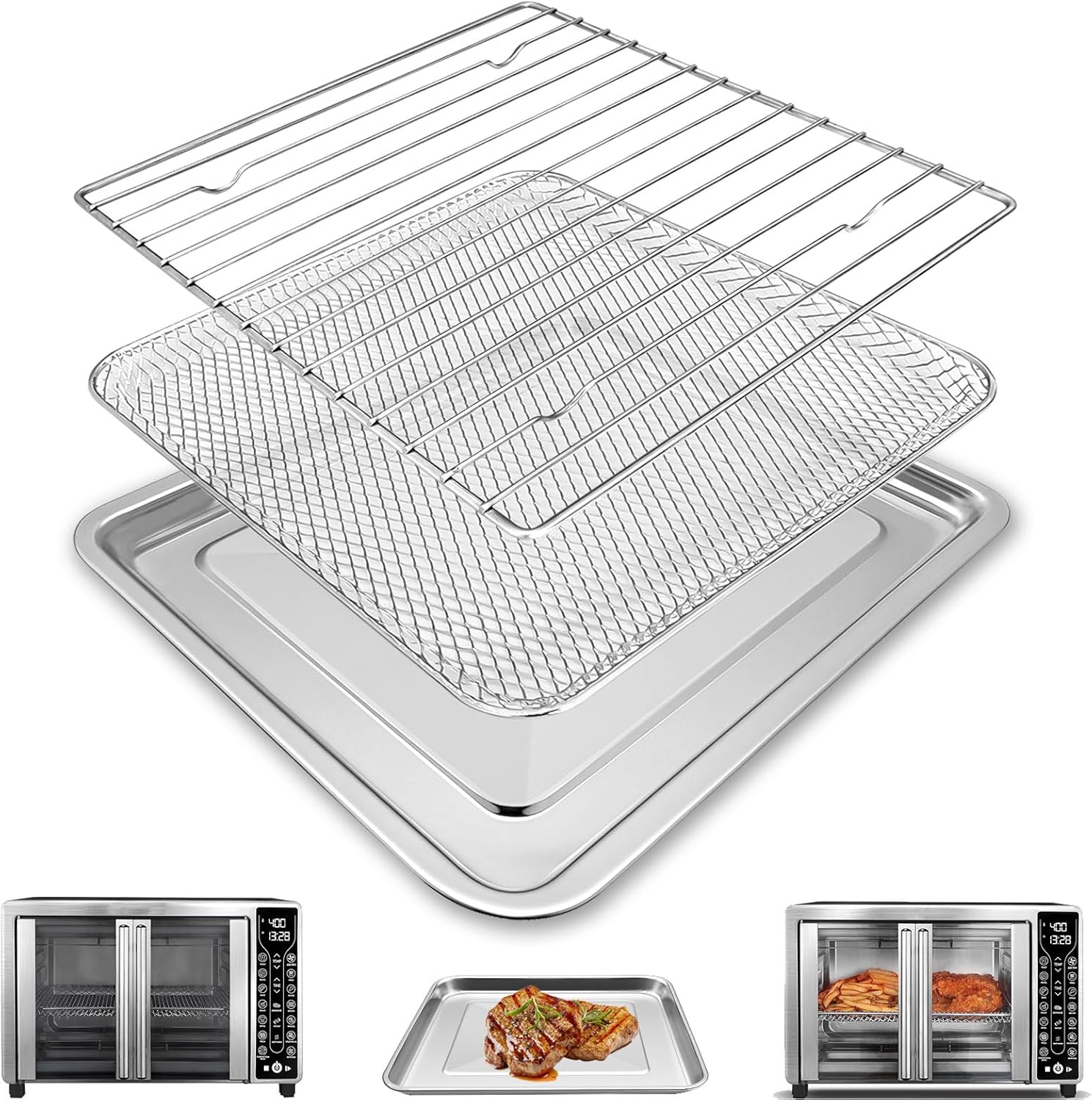 Toaster Oven Replacement Parts Accessories for Gourmia GTF7655 GTF7350 GTF7460, 3 IN 1 Tray Basket Rack Kit for Gourmia Digital Toaster Oven Air Fryer 17 Cooking Presets French Door 1700W 24L