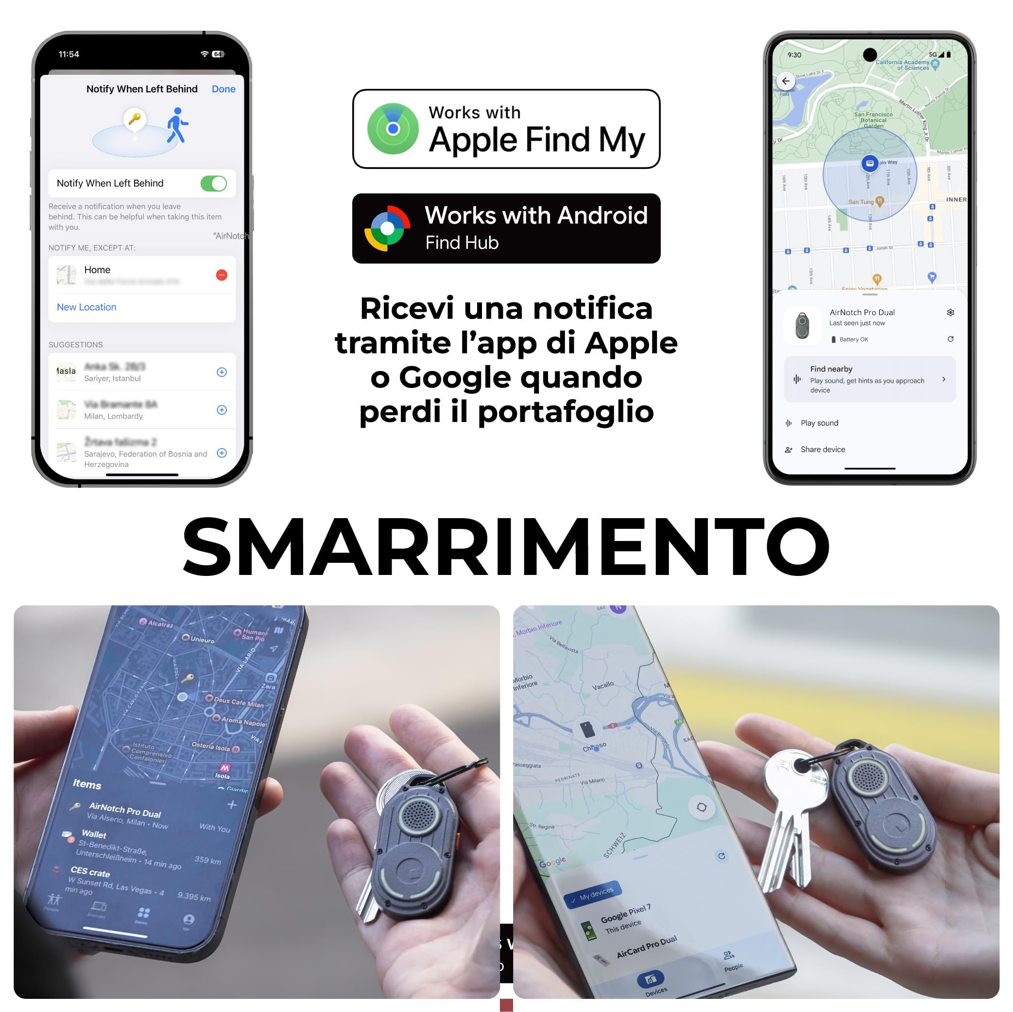 Rolling Square AirNotch Pro Dual – Tracker Android e Apple, Localizzatore Bluetooth Compatibile con Apple Find My e Google Android Find Hub, Suono 360° Batterie Sostituibili, Air Tracker Tag Grigio 2x