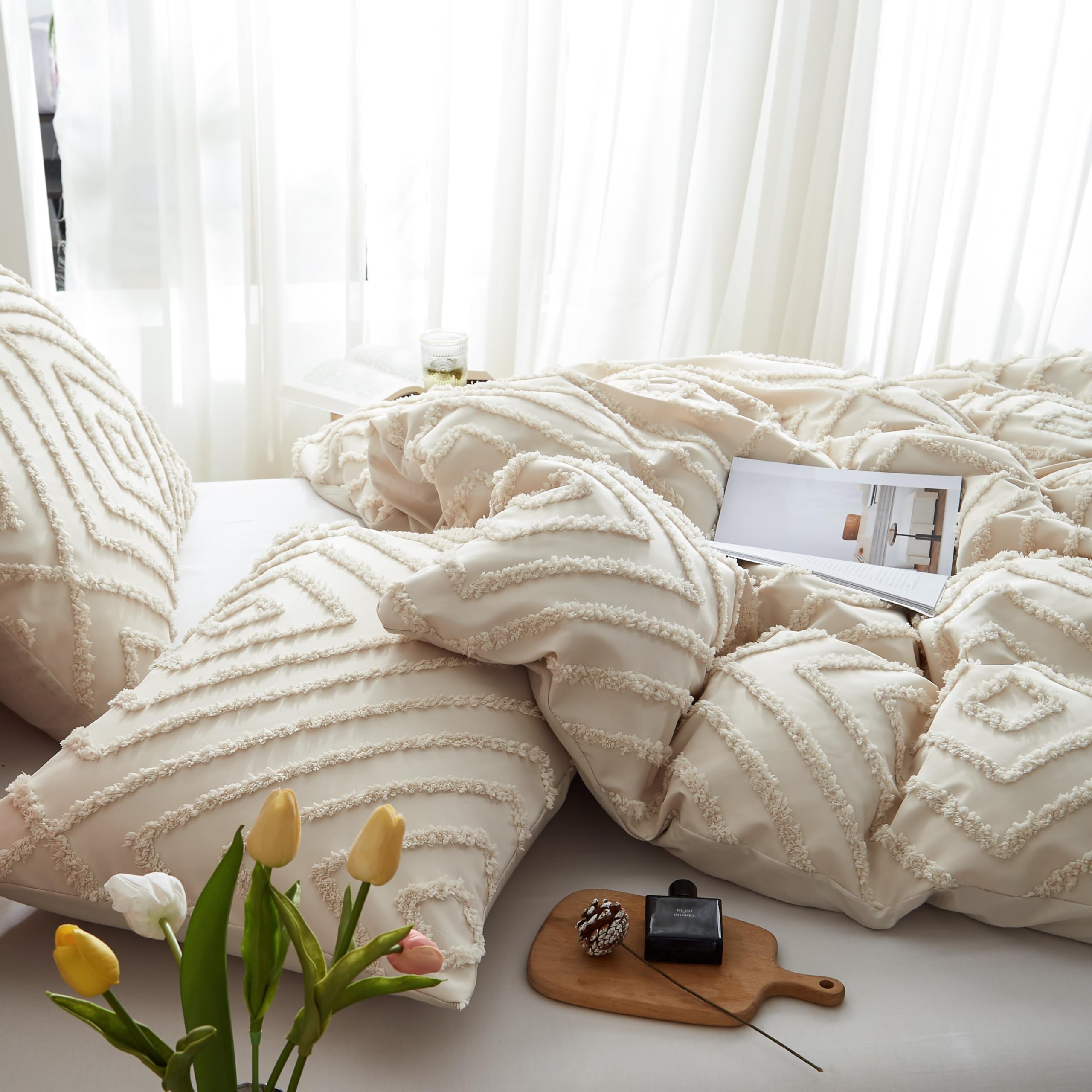 Tospass Juego de ropa de cama beige de 220 x 240 cm con bordado hecho a mano, estilo vintage con mechones, estilo bohemio, estilo shabby chic, microfibra lavada, 1 funda nórdica con cremallera, 2