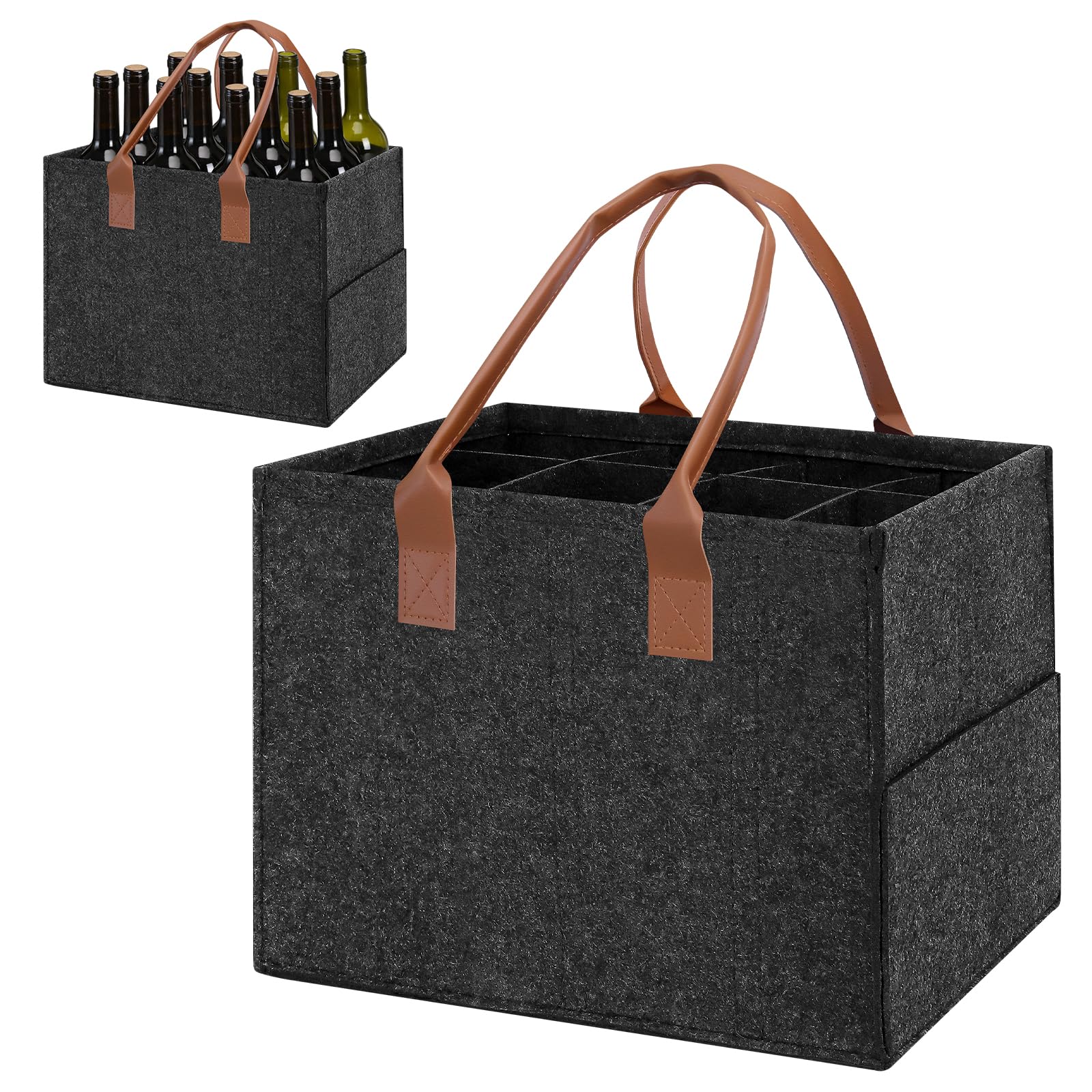 Mittimiya Große Kapazität Flaschenträger 12 Flaschen, Flaschentasche aus Filz mit Ledergriff, Faltbare Männerhandtasche Bier für Weinflasche, Getränkeflaschen, Wasserflaschen(37 x 28 x 27cm)