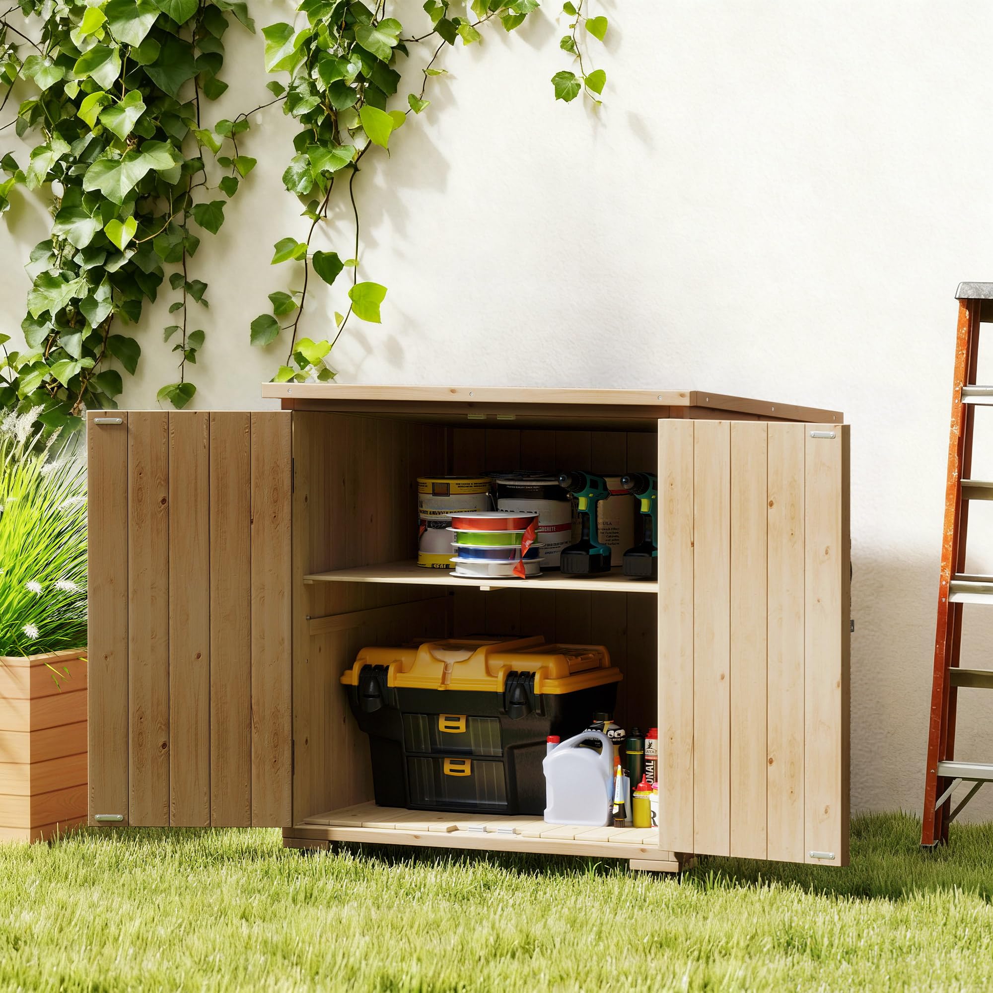 Outsunny Gartenschrank Holz, Geräteschrank, Outdoor wetterfest Geräteschuppen, Holzschrank mit Doppeltür, Mehrzweckschrank für Garten, Balkon, Natur