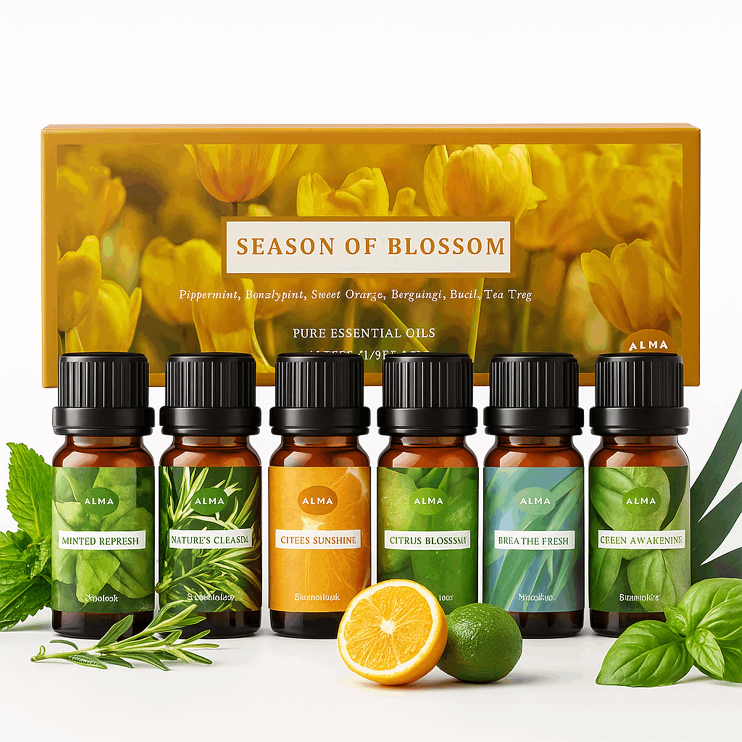 Alma Essence of Spring Essential Oil Set – Lavender, Rosemary, Geranium, Jasmine, Lemongrass, Chamomile, 60 ml