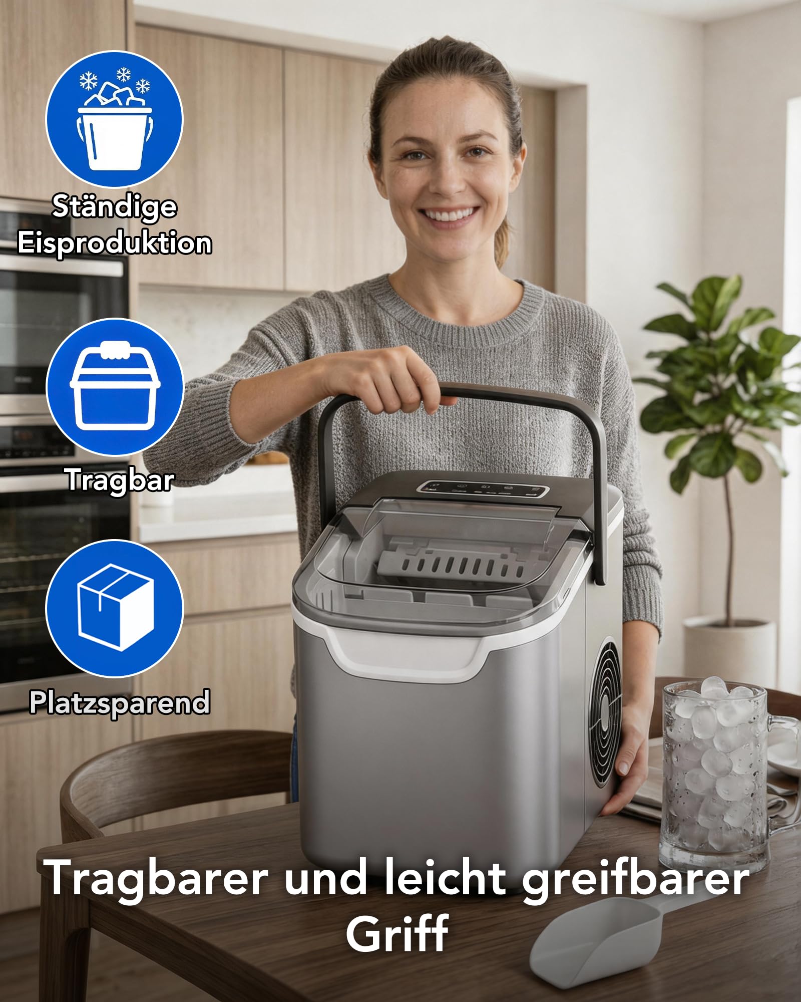 Kismile Macchina per cubetti di ghiaccio per piano di lavoro, 8 cubetti di ghiaccio in 6 minuti, 11,8 kg/24 ore, altamente efficiente, portatile, con maniglia, cestino e pala, cucina e ufficio, grigio