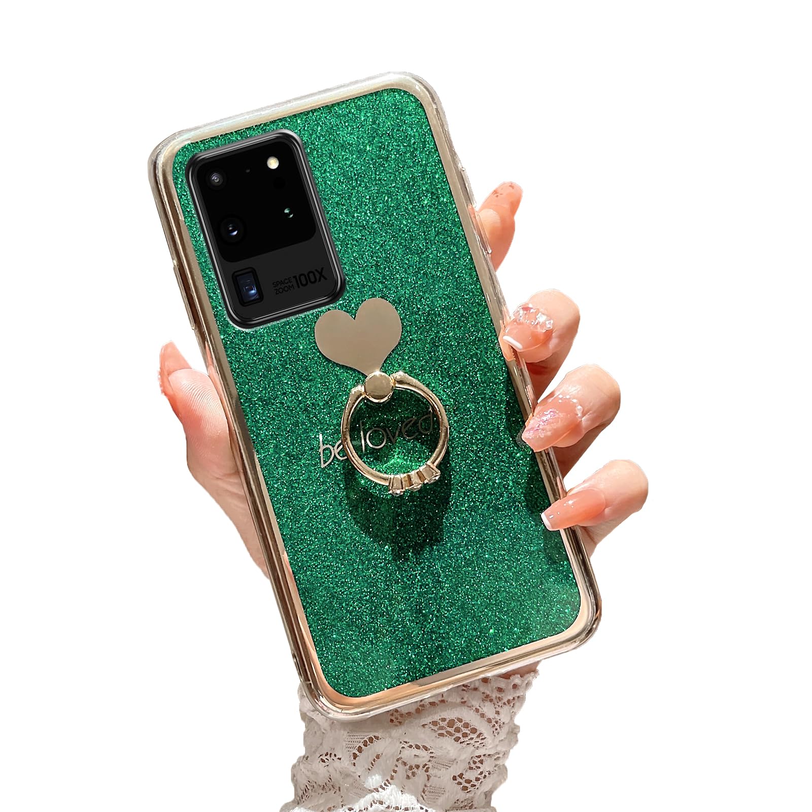 Easyscen for Galaxy S20 Ultra Phone Case, Case for Samsung S20 Ultra (6.9-inch) with Ring Kickstand Glitter Sparkly Slim Soft Silicone Bumper Shockproof Drop Protective Cover - Alpine Green