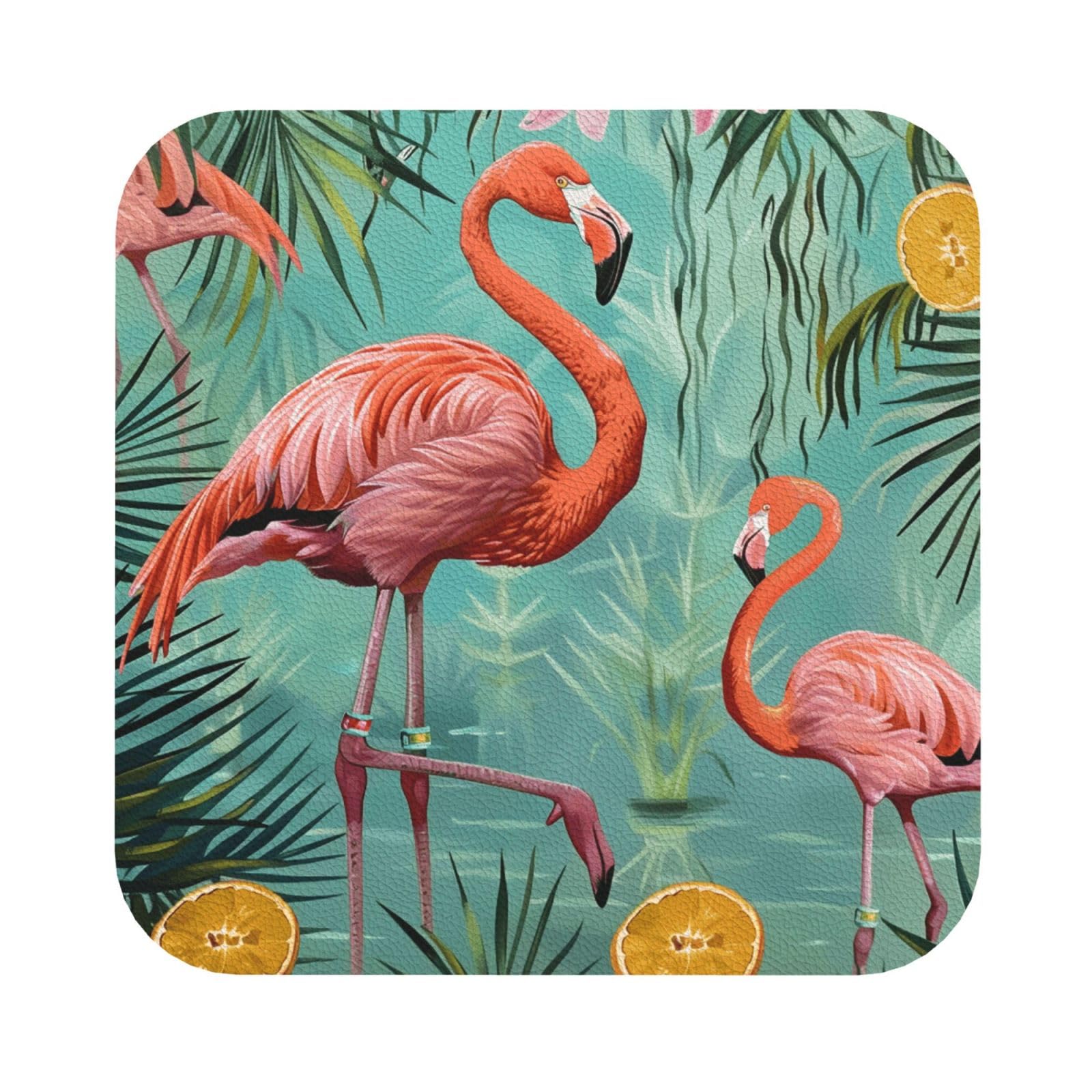 Flamingo Printed Coasters for Drinks, Leather Coaster Sets of 4, Funny Coffee Cup Coaster, Absorbent Coaster for Home and Office Kitchen Bar Square
