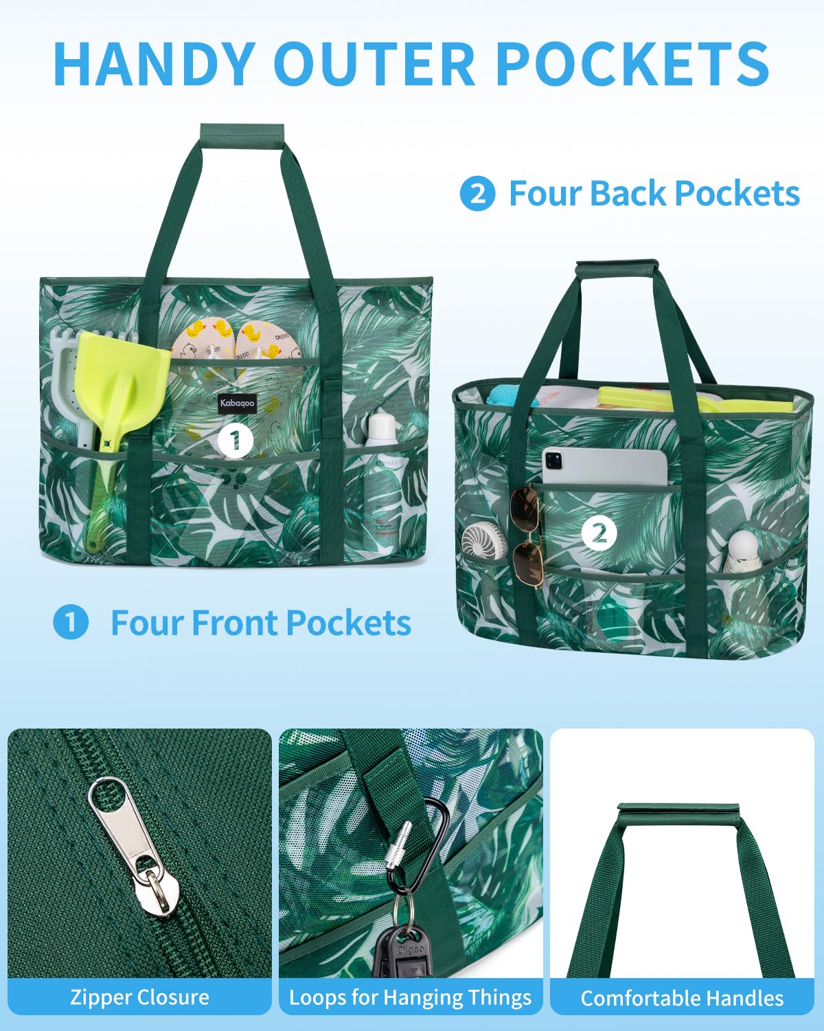 KABAQOO Sac de Plage XXL avec Fermeture Éclair Sac Piscine Filet Femme Famille Sac Cabas avec Multipoches pour Voyage Shopping
