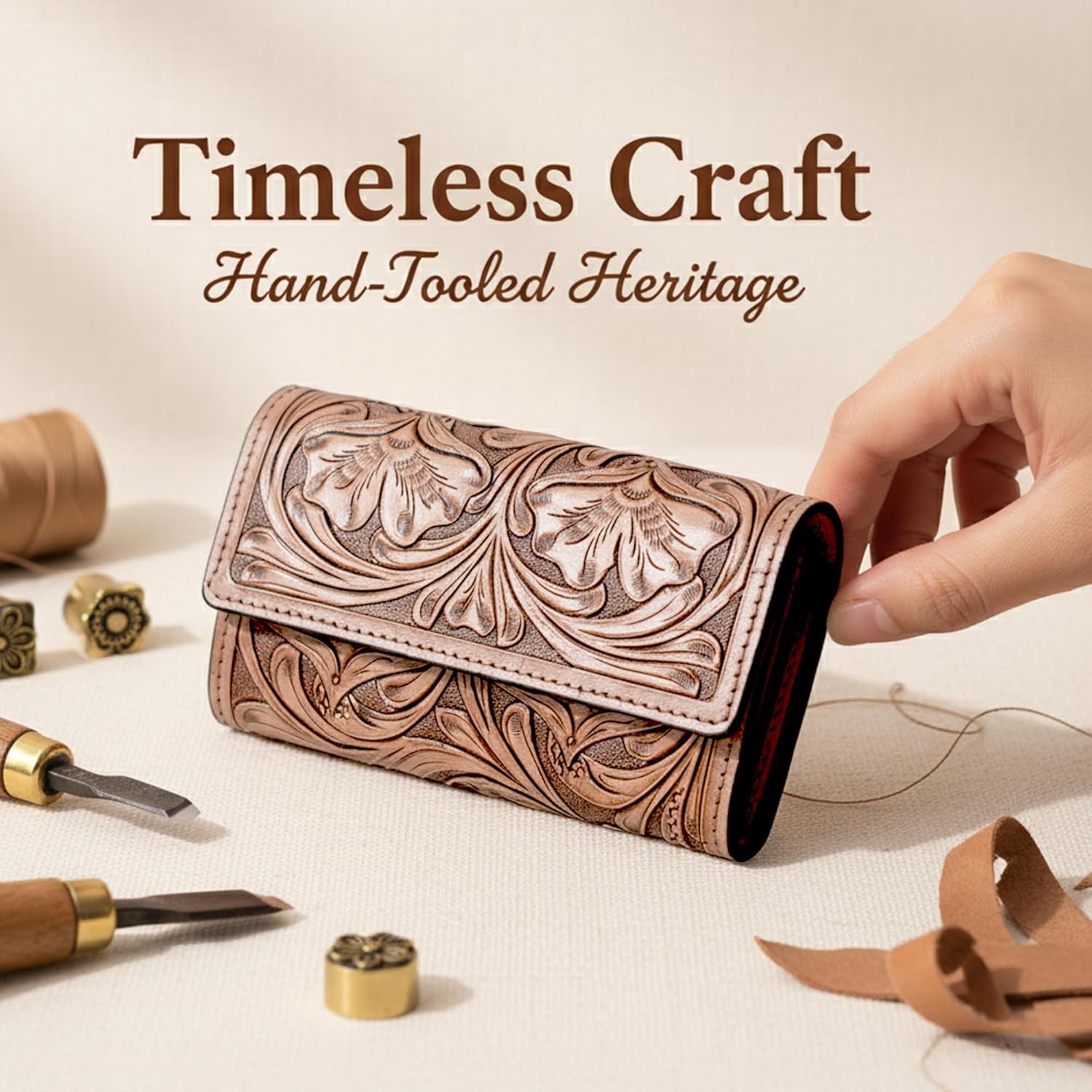 Merbaa Hantooled Leather Wallet RFID Blocking, Trifold Ladies Purse, Flower Handtooled and Carved long Clutch, 1 Back Zip pocket, Wallet For Women (Light brown) - Image 6