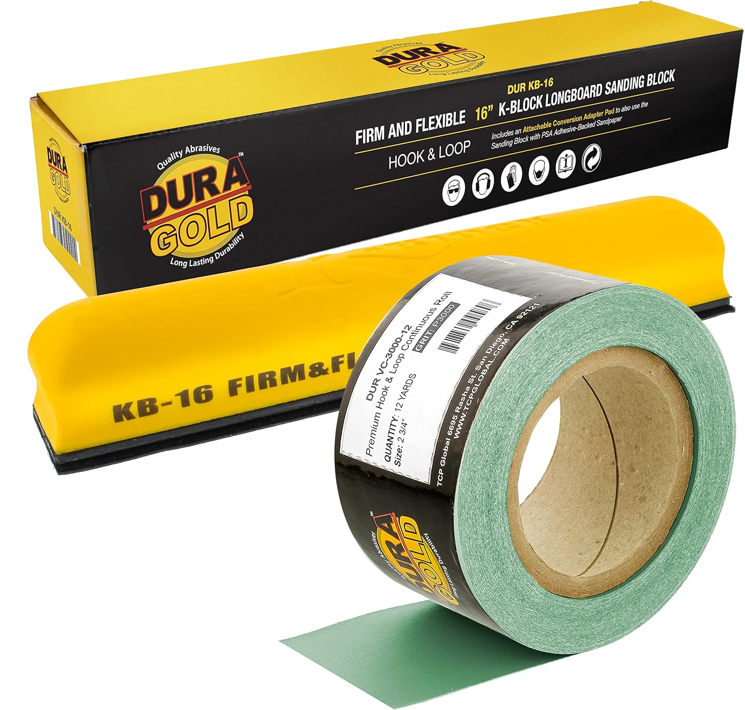 Dura-Gold Pro Series 16" K-Block Sander Firm & Flex Longboard Hand Sanding Block Pad with Hook & Loop Backing and PSA Adapter Pad & 3000 Grit Green Sandpaper Roll