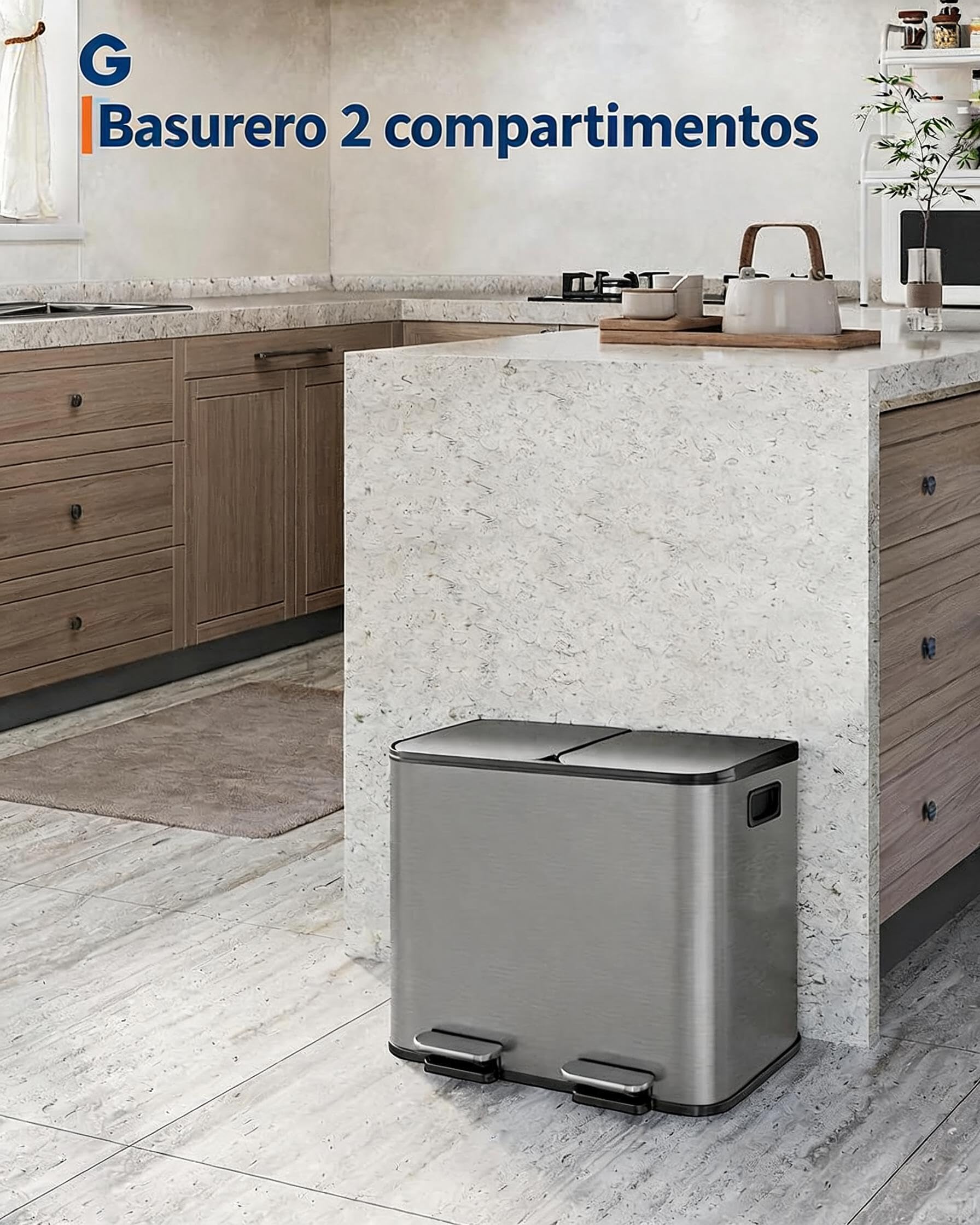 Garvee Cubo de Basura Doble de Acero Inoxidable con Pedal 2x15L – Cierre Suave y Silencioso para Cocinas Pequeñas Reciclaje, Gris