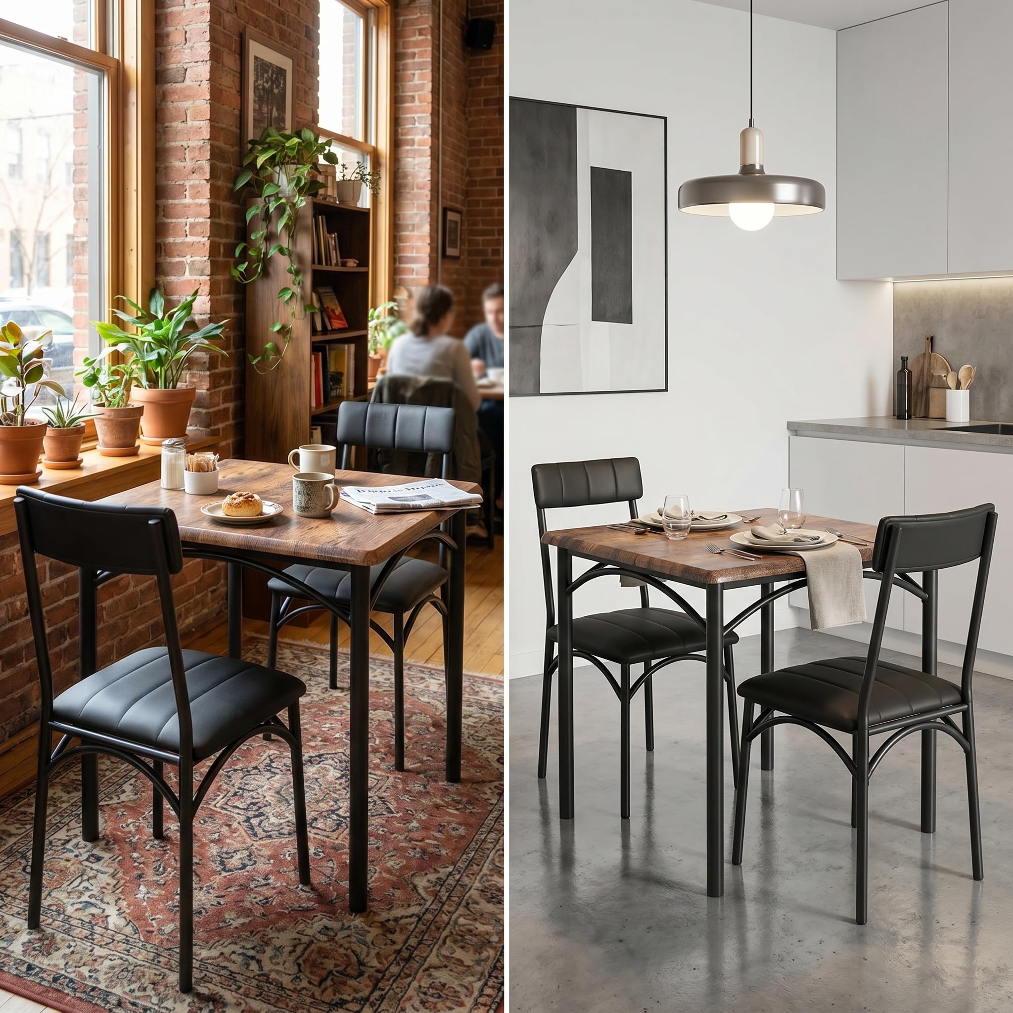 GarveeHome Kompaktes 3-teiliges Esszimmer-Set für 2 Personen – Quadratischer Küchentisch mit 2 gepolsterten Stühlen – Platzsparendes Essgruppenset