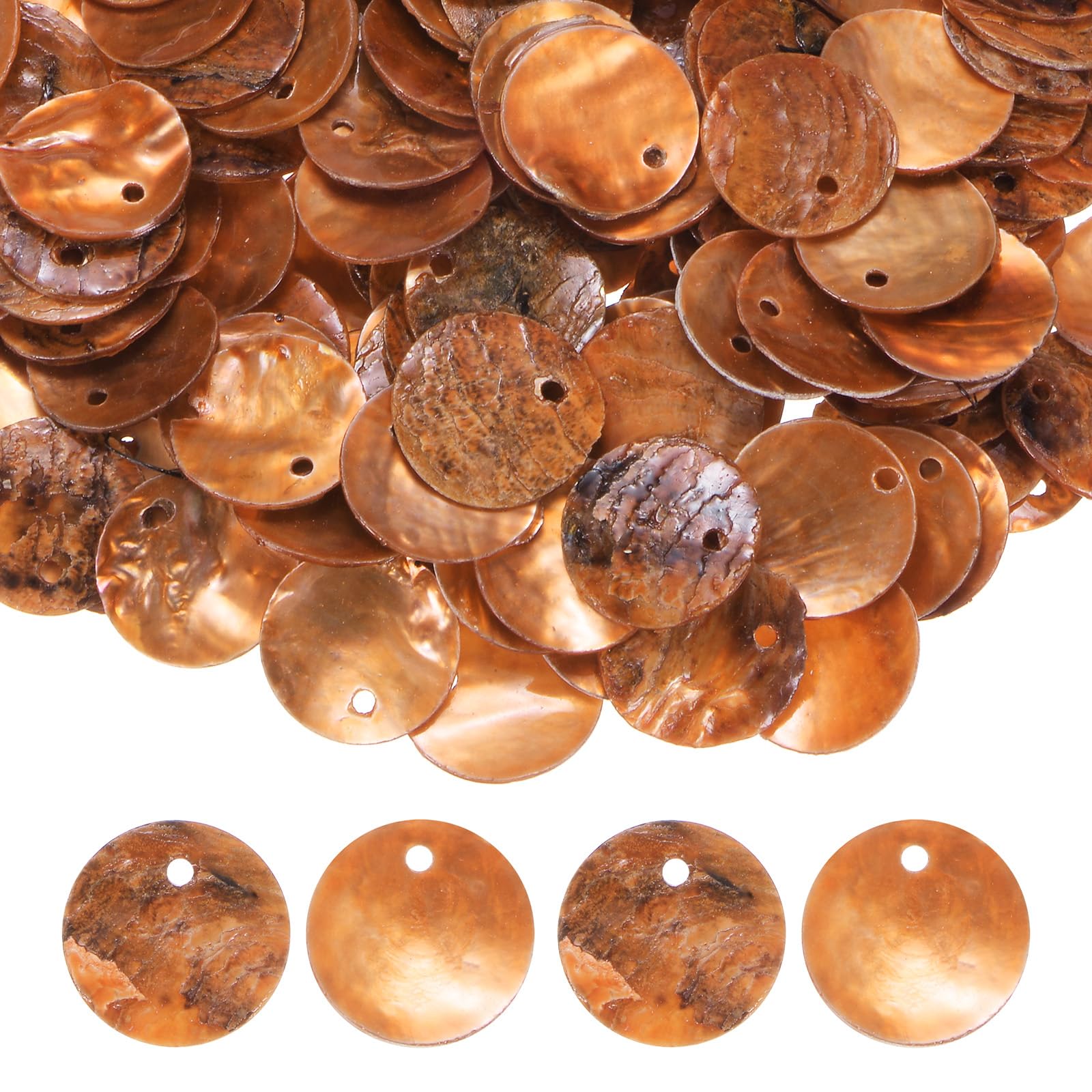 M METERXITY 80-Pack Flat Round Shell Coin Drop Charm Beads, 15mm Flat Shell Beads with Hole for Jewelry Making/Necklace/Earring/Craft [Orange]