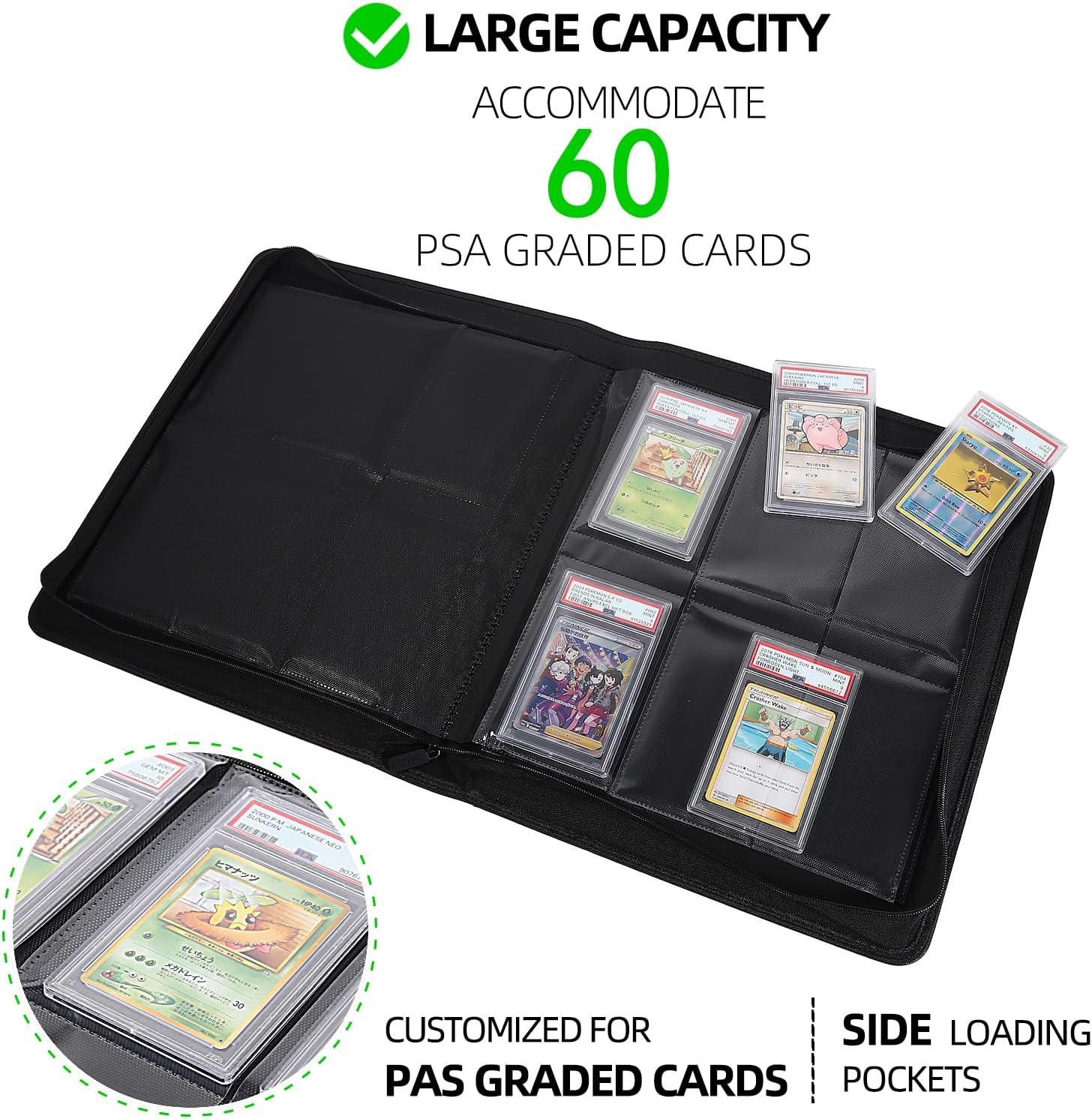 Graded Card Binder, Holds 60 Graded Cards, Premium Trading Card Binder with 6 Pocket Graded Card Sleeves, PSA Card Graded Display Case Album, Zipper Binder, MTG,Yugioh Cards Binder (Black)