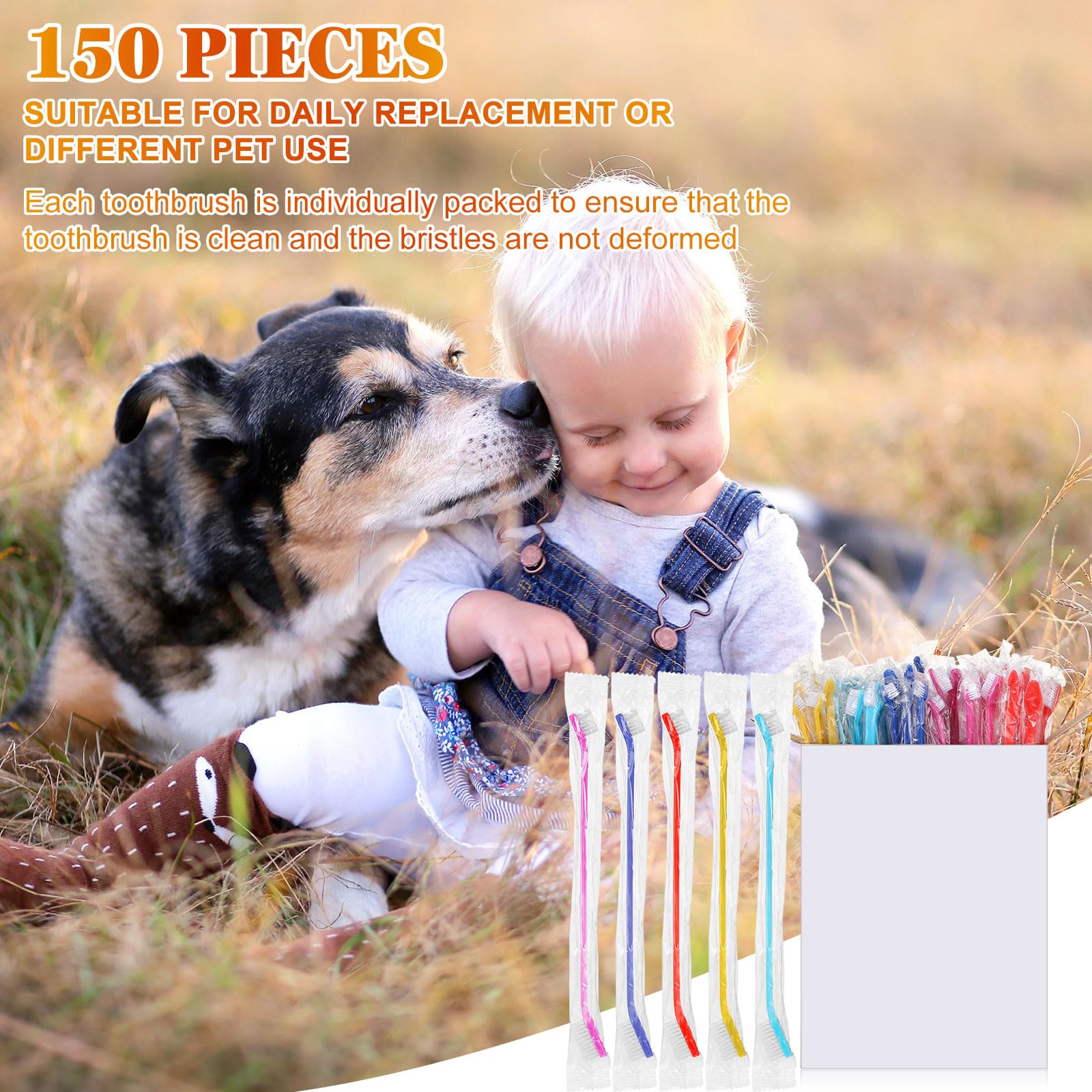 Nuenen 150 cepillos de dientes para perros, a granel, de doble cabeza, suave, práctico, mango largo, para cachorros, paquete individual para limpiar perros pequeños a grandes, gatos, mascotas