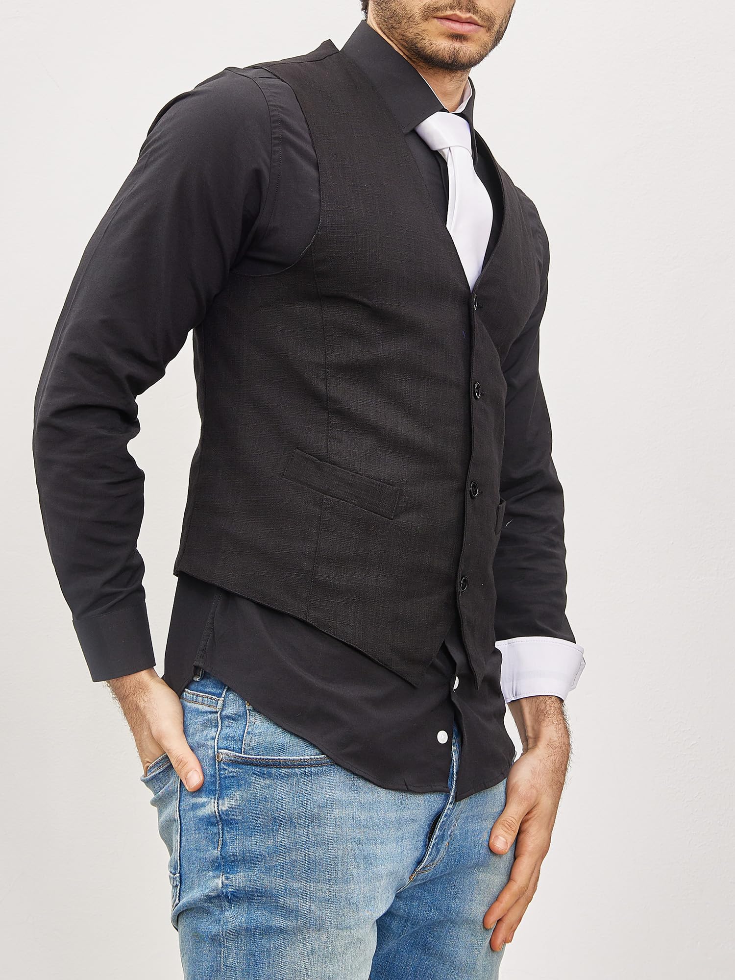 Subliminal Mode - Gilet + camicia + cravatta da uomo con colletto bicolore tinta unita manica lunga vestibilità business stiratura facile RN33, Nero , S