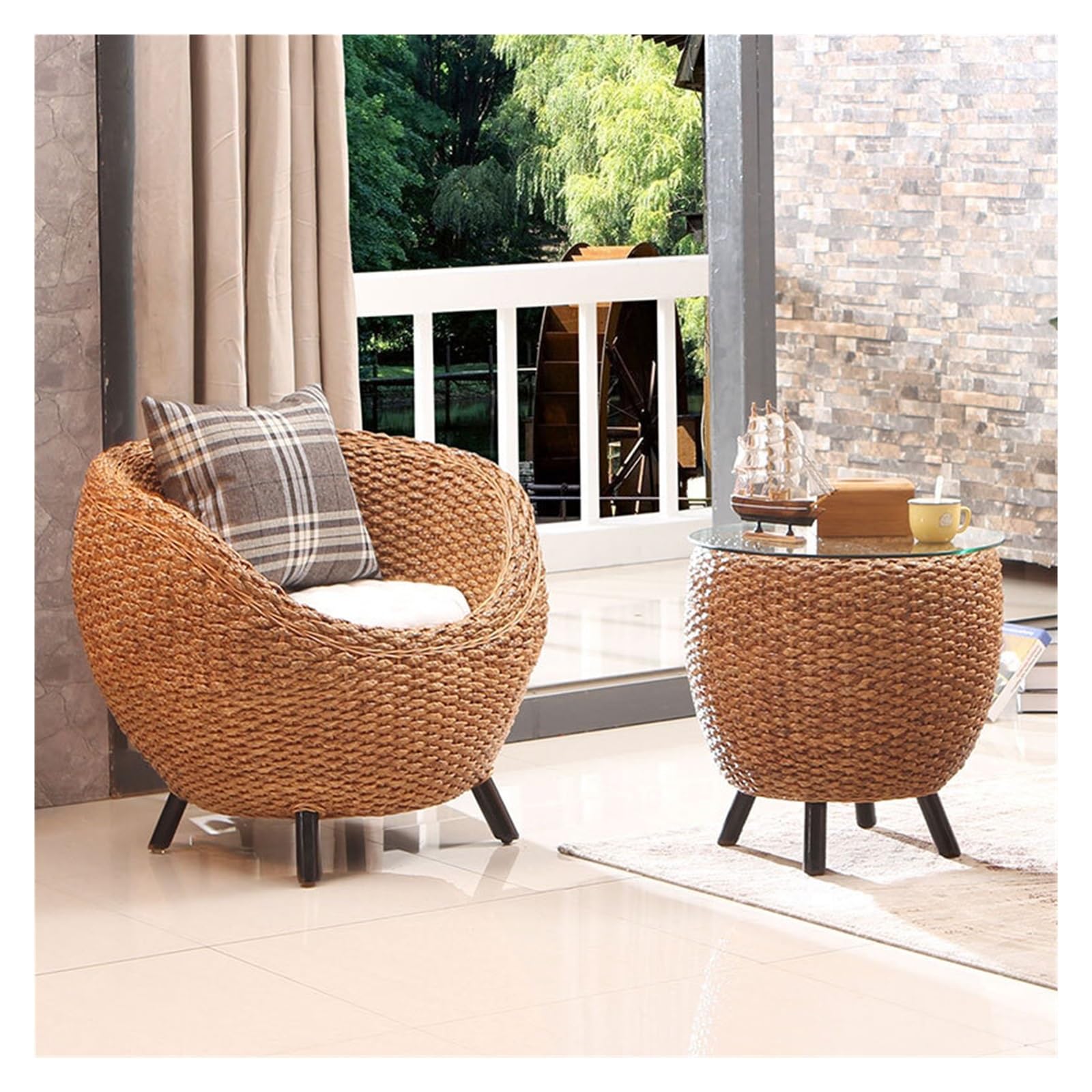 Sedia in vimini e rattan, Sedia in rattan naturale con schienale - Poltrona lounge casual for balcone e uso interno - Sedie decorative, Mobili da giardino e patio