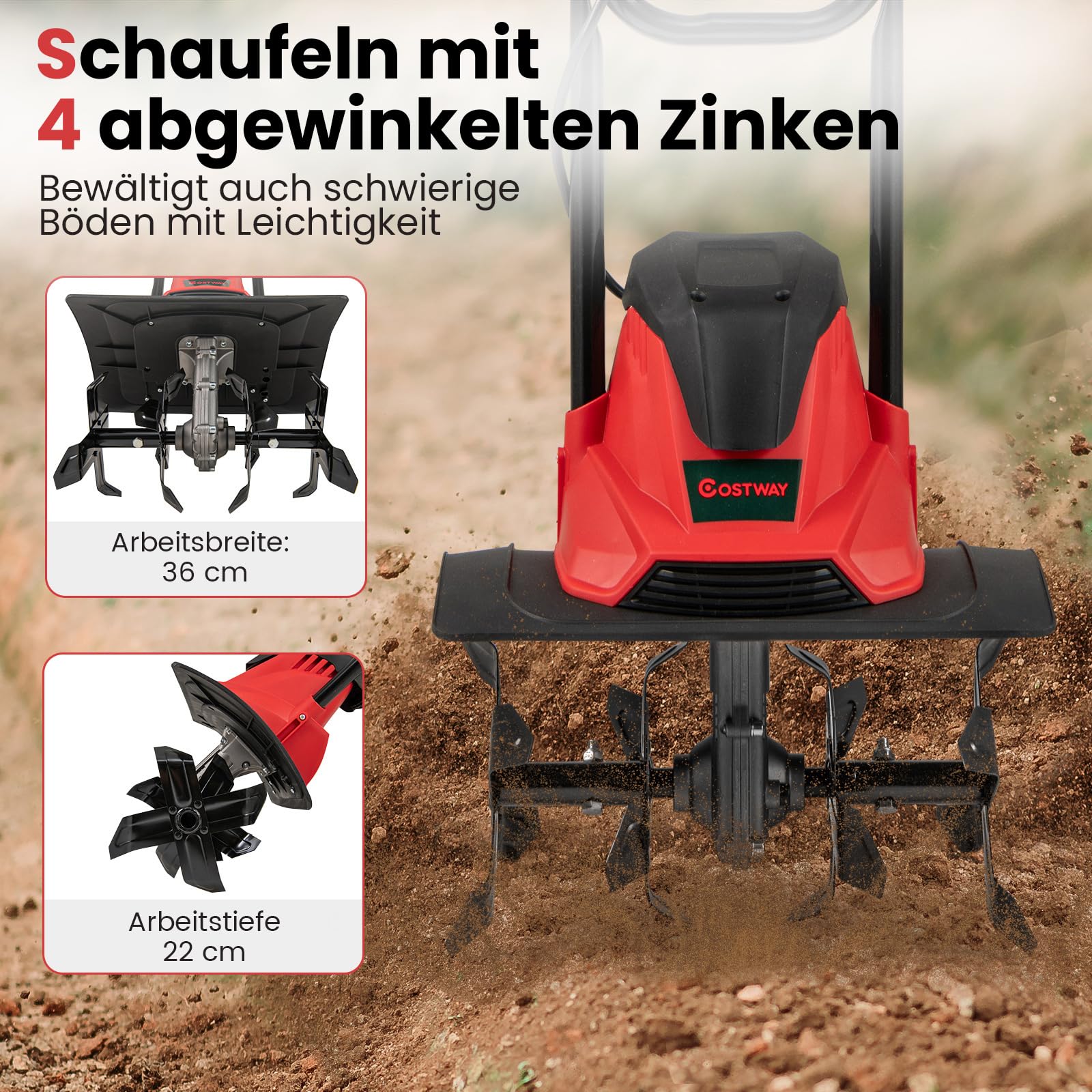 COSTWAY Motorhacke elektrisch, 1200W | Arbeitsbreite 36 cm | Arbeitstiefe 22 cm | 380 U/min, Elektro Bodenhacke mit Schutzschalter & Handgriff, klappbarer Gartenfräse (36,5 x 24 x 138 cm,Rot)