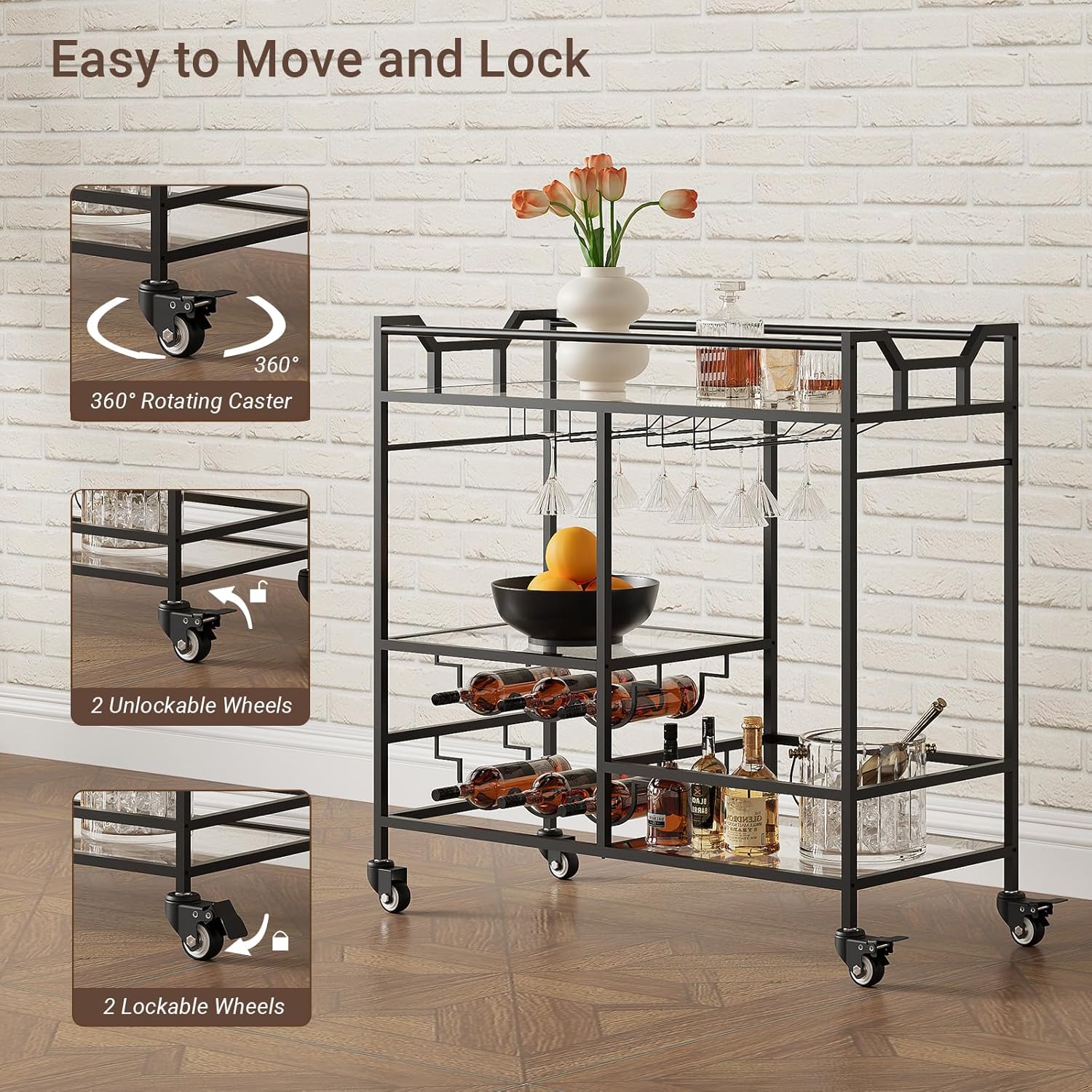 Black Bar Cart, Home Bar Serving Cart with Handle, Wine Cart with 3-Tier Glass Shelves, Beverage Cart with Wine Rack and Glass Holder, Bar Carts for The Home, Dining Room