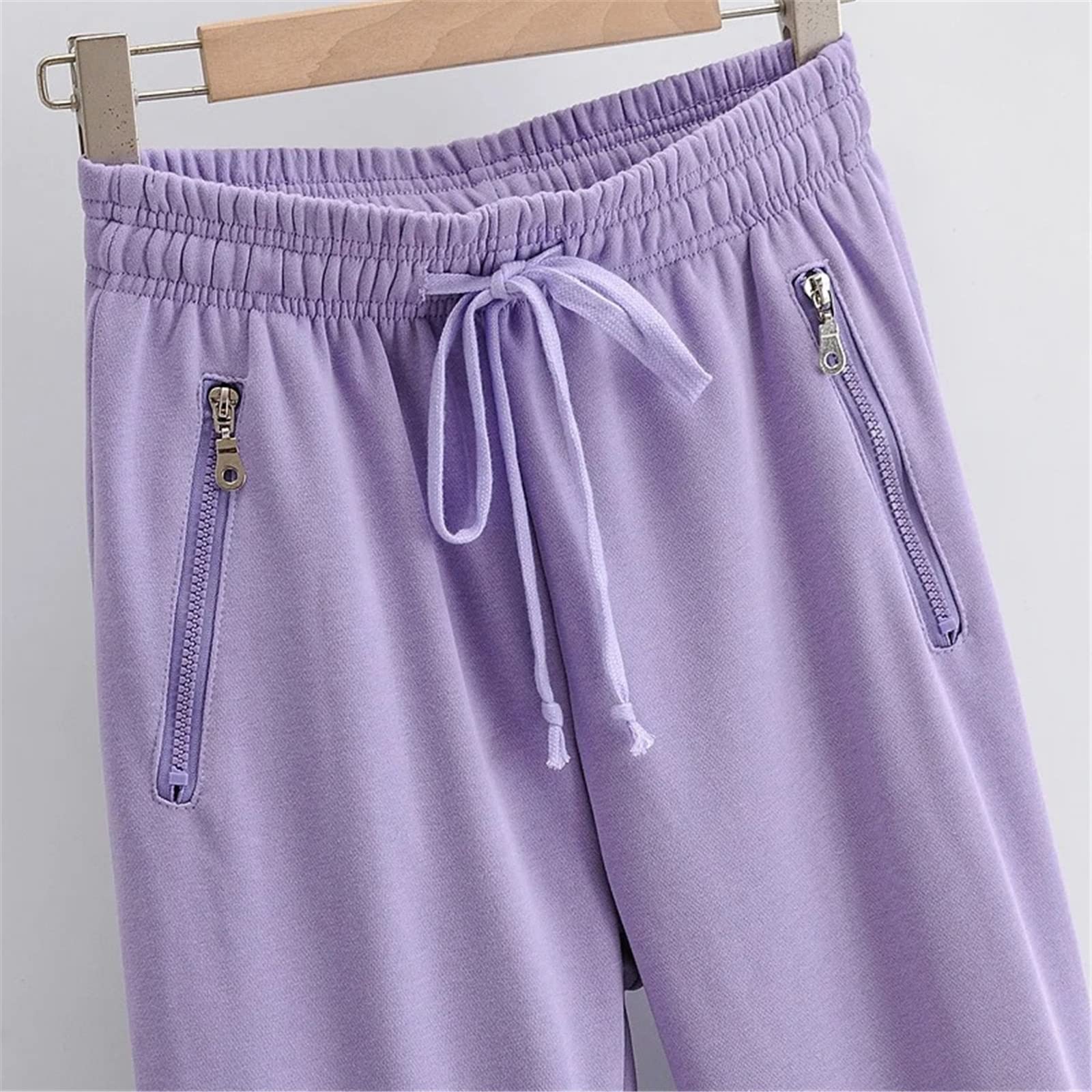 Pantaloni da donna con cerniera, orlo a costine, elastico in vita, con coulisse, con tasche, bianco, Large Lungo