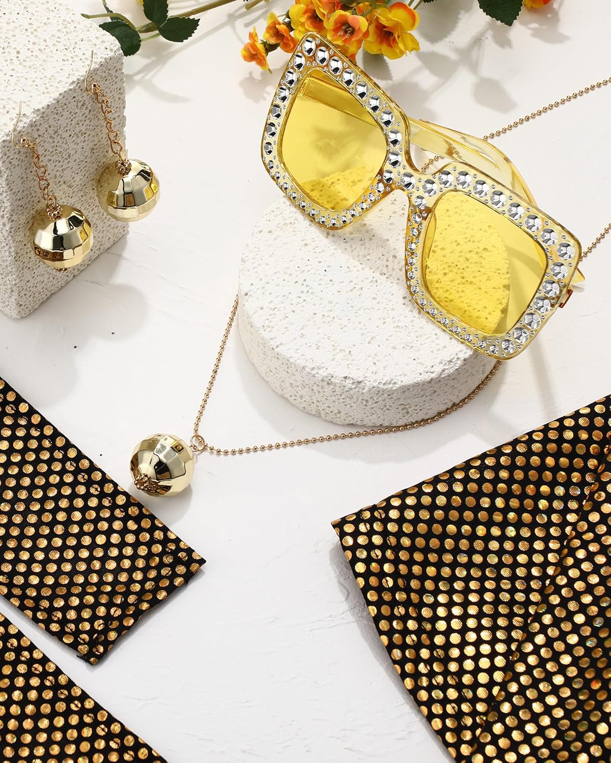 Jexine 70s Women Disco Outfit Costume Disco Party Top Pants Sunglasses Ball Necklace Earring Wig for Halloween New Year Eve - Image 4