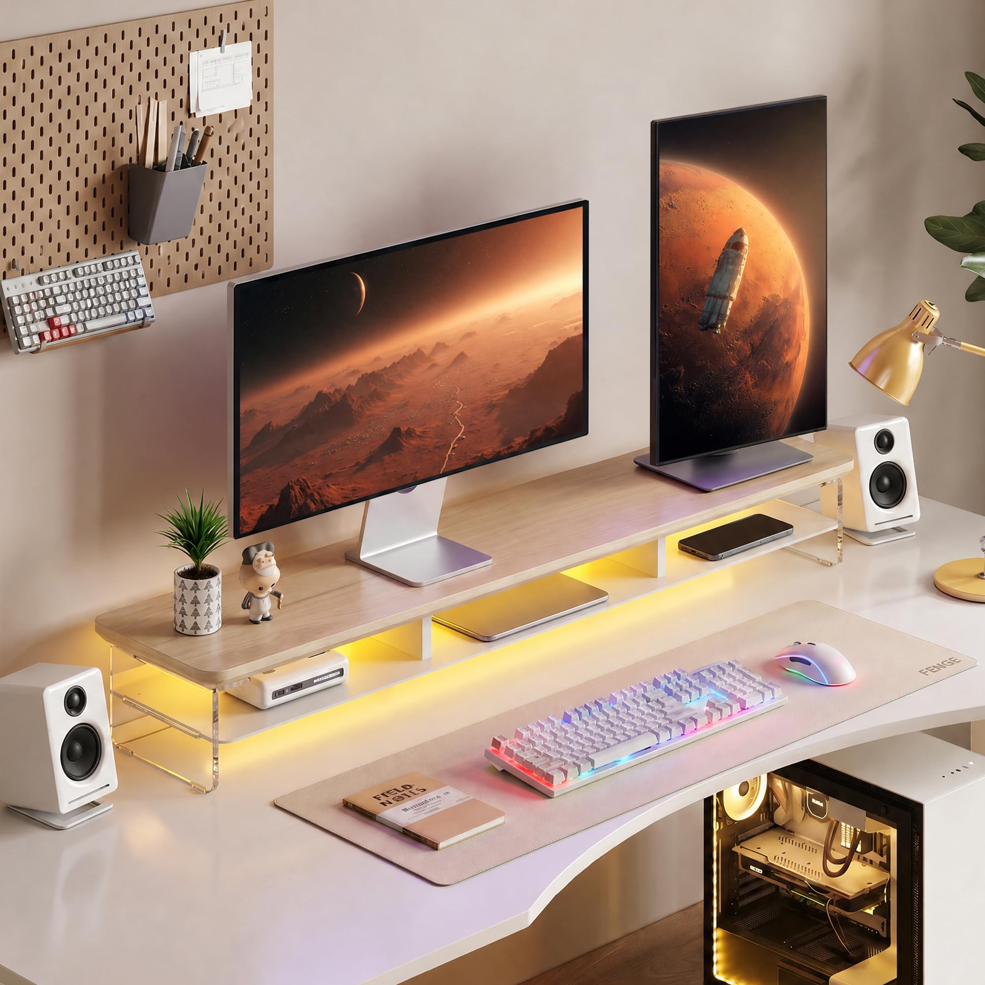 Fenge Support Écran PC Acrylique, Réhausseur Écran PC Bureau Bois et Métal, Adapté aux Ordinateurs, Écrans, TV, Ordinateurs, Imprimantes (Chêne, 108cm)
