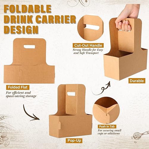 Miniatura 4 de Nuogo Paquete de 50 portadores de bebidas con mango de 2 tazas, soporte de bebidas desechable, soporte para vasos de papel con asa para llevar,