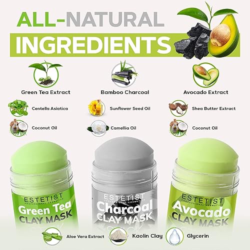Miniatura 3 de Juego de 3 máscaras de arcilla de carbón y aguacate verde con efecto de arcilla facial purificante que reabastece la humedad limpiador profundo de