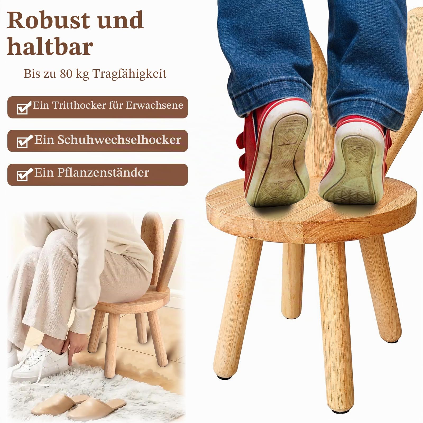 Massivholz-Ständerhocker, individuelle Hasenohren-Form, Rückenlehne, kleiner Kinderstuhl, runde Holz-Kindermöbel zum Essen, Lesen und Spielen (Holzfarbe)