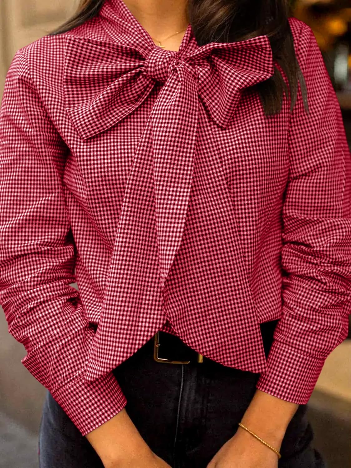 Cicy Bell Womens Plaid Shirts Bow Tied Neck Button Down Long Sleeve Casual Dressy Blouse Tops - Image 3