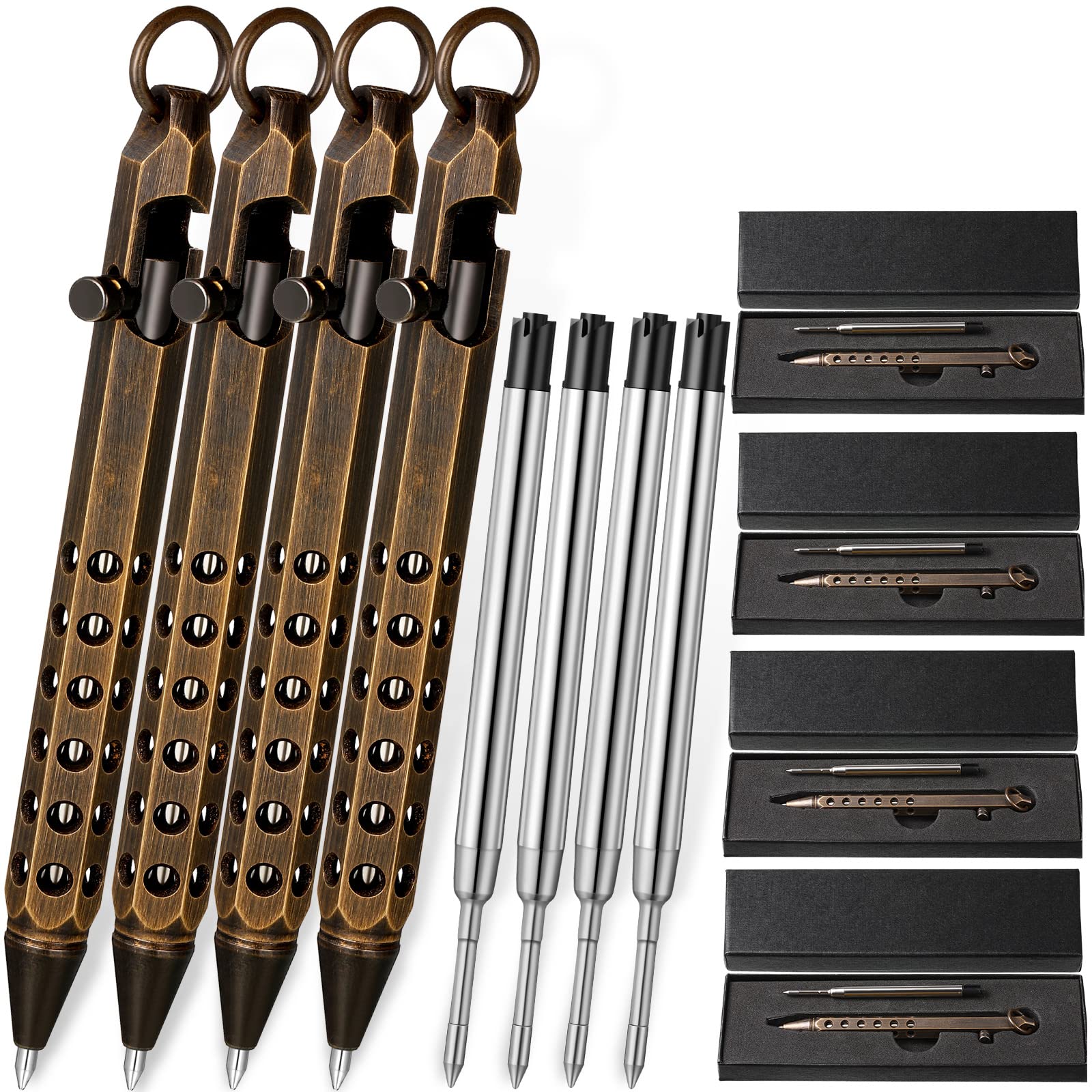 Chinco 12 Pcs Bolt Action Pen Sets Gift for Men 4 Hexagon Solid Brass Pens 8 Ink Refills Edc Pen Signature Pocket Size with 4 Gift Box for Father's