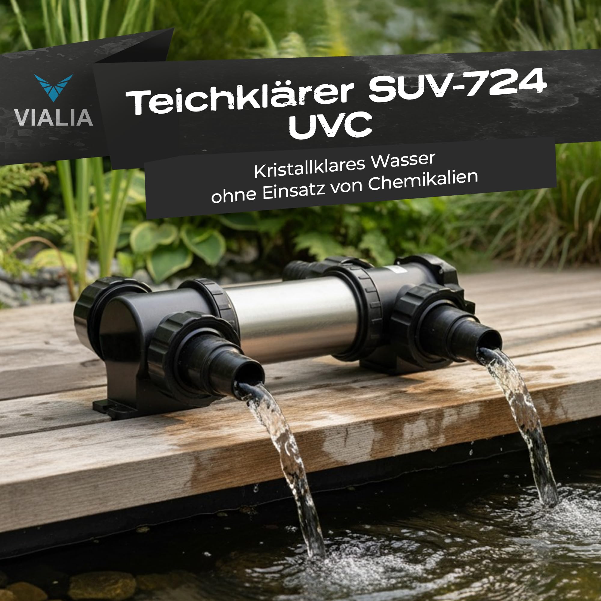 UVC Teichklärer SUV-724 RVS 24 Watt Edelstahl Wasserklärer | Algenvernichter für Teich & Aquarium bis 40 m³, Durchfluss 5 m³/h, Inkl. 4 Schlauchnippel 38/50mm & 2" Gewinde