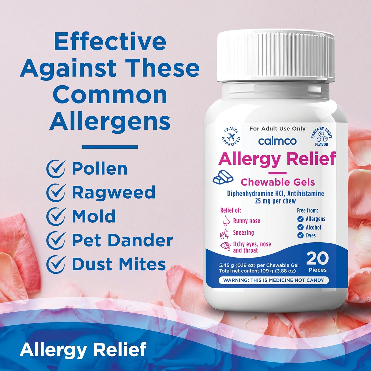 CalmCo Adult Allergy Relief with Diphenhydramine HCl 25 mg - Chewable Antihistamine for Sneezing, Runny Nose & Itchy Eyes, Nighttime Allergy Medicine for Ages 12+, Fantasy Fruit Flavor, 20 Count - Image 2