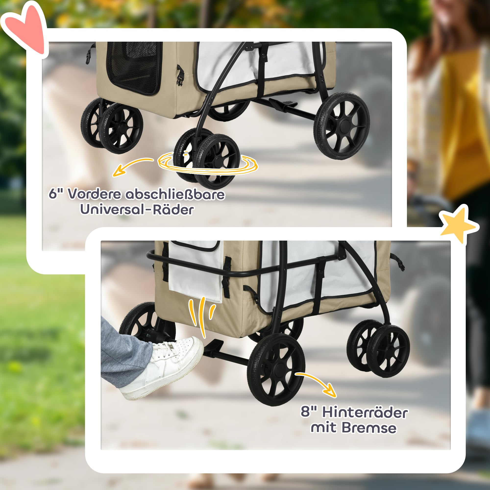 PawHut Passeggino pieghevole 2 in 1, per cani e gatti fino a 10 kg, con cuscino, finestre a rete, porte, cestino per gatti, passeggino per gatti, colore: cachi