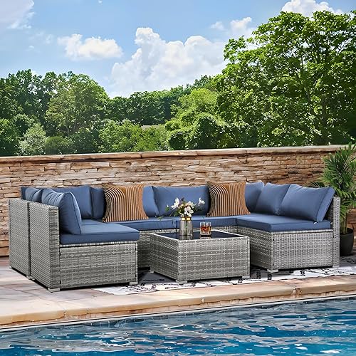 LAUREL CANYON Sofá seccional, juegos de conversación de mimbre gris, cojines de 3 pulgadas de grosor, azul marino disponible en Yaxa Peru