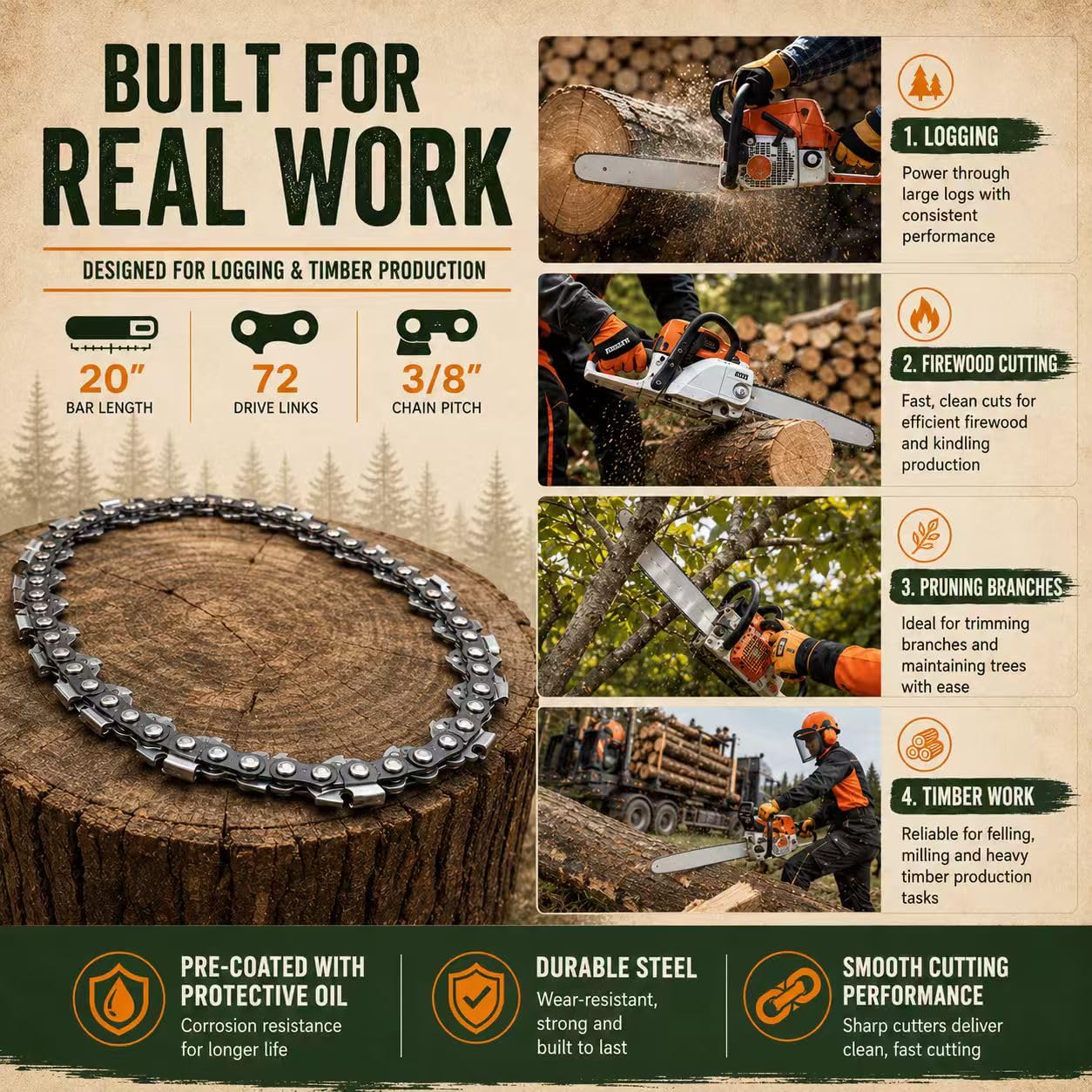 Paquete de 3 cadenas de motosierra de 20 pulgadas, 72 eslabones de transmisión, paso de 3/8 pulgadas, calibre de 0.050 pulgadas, compatible con Husqvarna 455, Poulan PR5020, Stihl MS 260