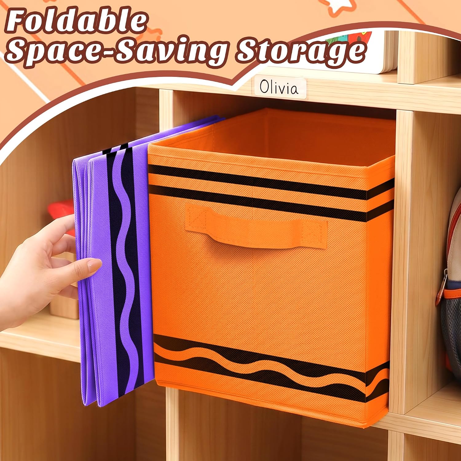 6 Pcs 11 Inch Fabric Storage Bins Classroom, Colorful Collapsible Cubby Organizer Baskets with Handles Classroom Must Have for Preschool Elementary Daycare (Crayon)