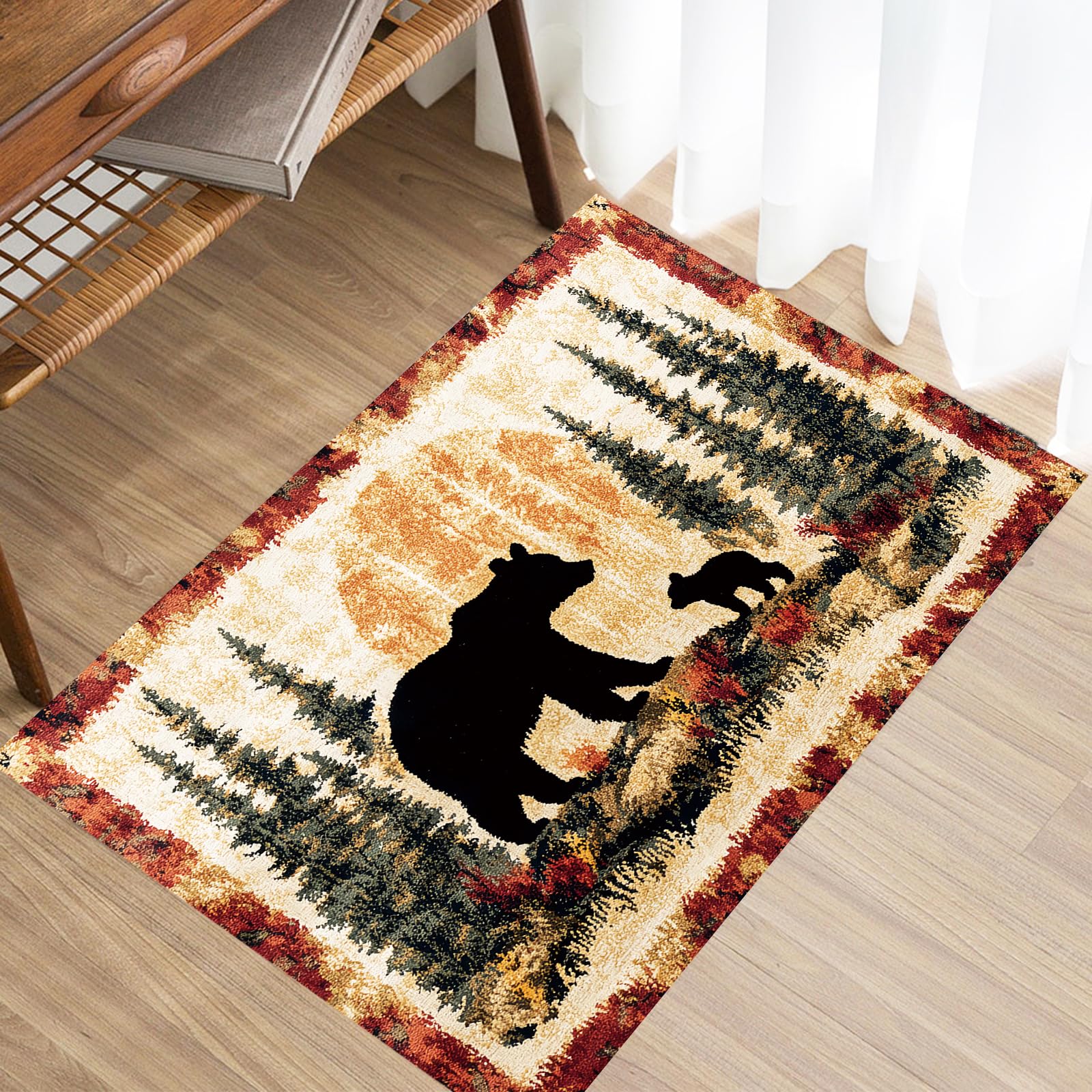 Bear Rug Mat Farmhouse Bathroom Rugs Animal Black Bear Forest Trees Rustic Cabin Carpet Camping Bath Rug Sets for Bathroom Bedroom Kitchen Outdoor