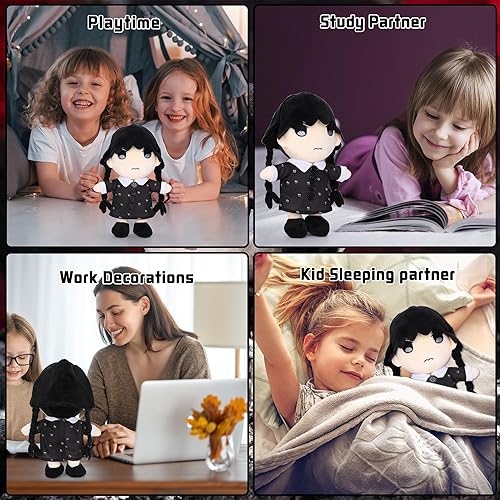 Miniatura 6 de Muñeco de peluche Wednexday de dibujos animados, almohada de peluche con falda desmontable, regalo para niños fanáticos (falda de botón negra, 9.8