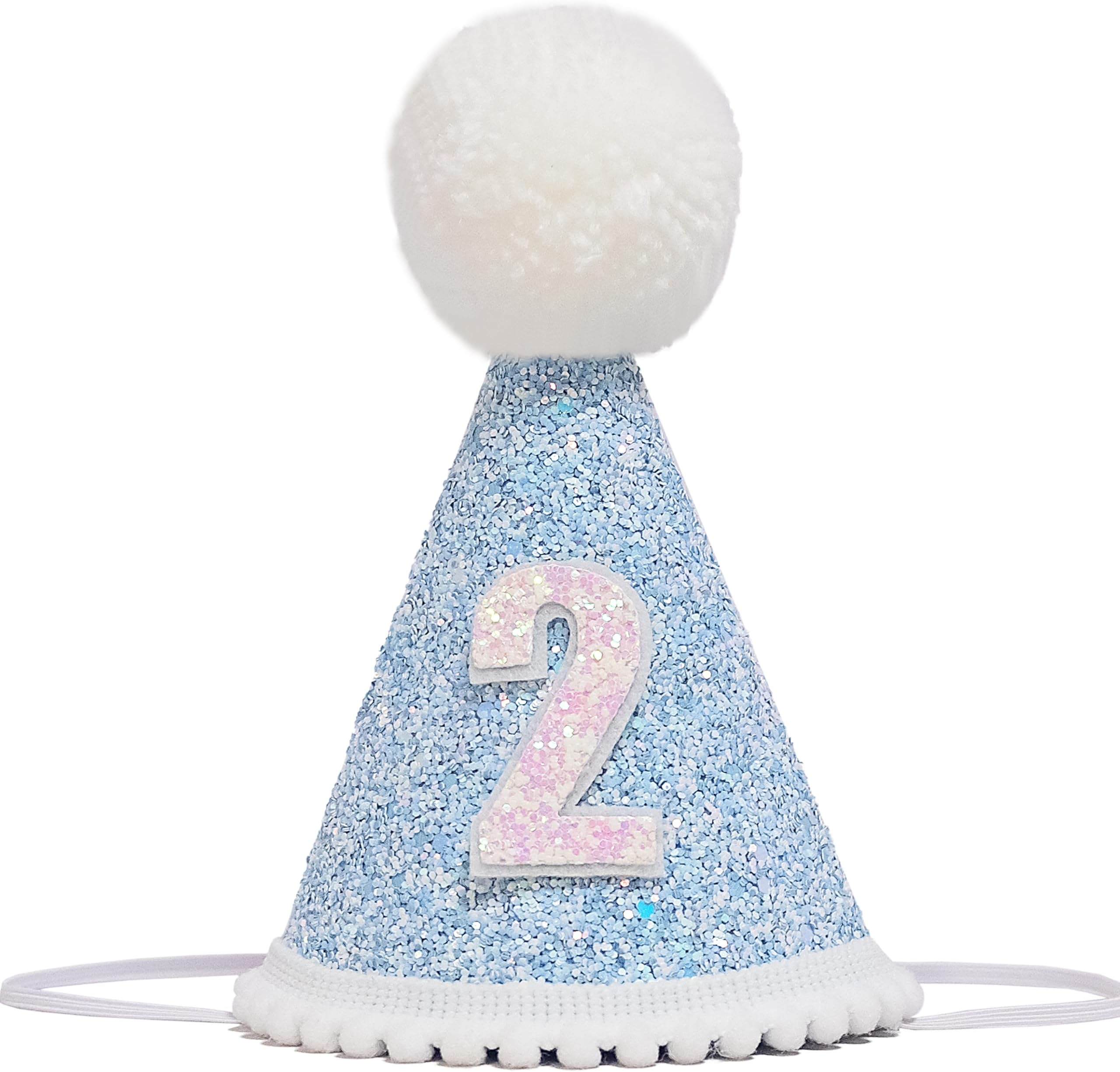 - Glitter Birthday Party Hat for 2 Year Old, Blue Sparkle Cone with Pom Pom, Frozen Theme