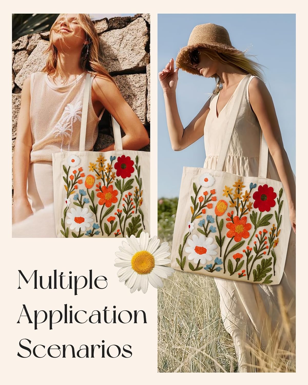 Embroidery Canvas Tote Bag for Women - Reusable Tote with Buckle Aesthetic Cute Shoulder Bag for Shopping, Grocery - Image 6