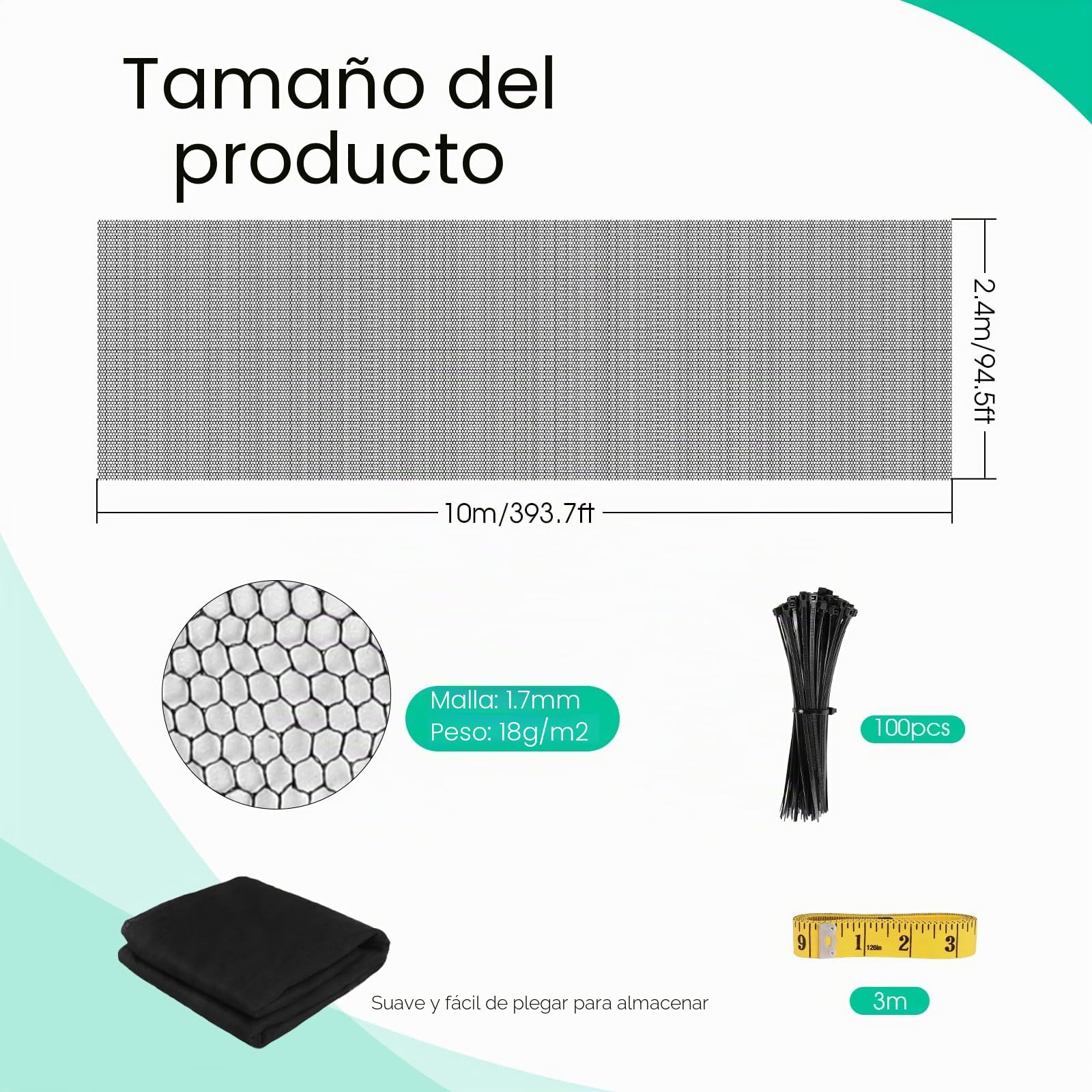 Mosquitera 2,4m x 10m Malla fina antiinsectos para jardín, huerto, bricolaje con bridas Cinta métrica y tijeras para terraza,balcón,pabellón, camping protege contra mosquitos, moscas y pájaros