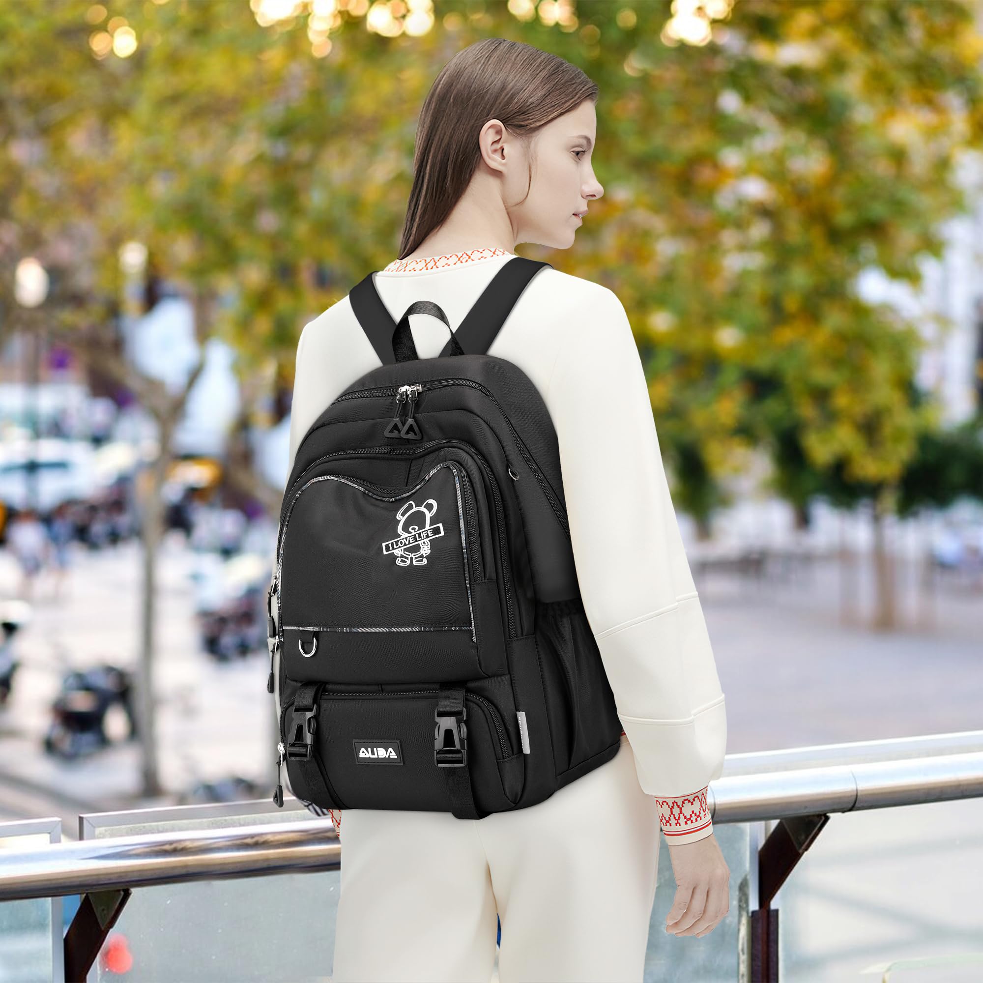 Ragazze Zaino Studenti Zaini Scuola Donna Porta PC 15,6 Pollici Borsa Zainetto Impermeabile Poliestere Daypack per Viaggio Campeggio Nero