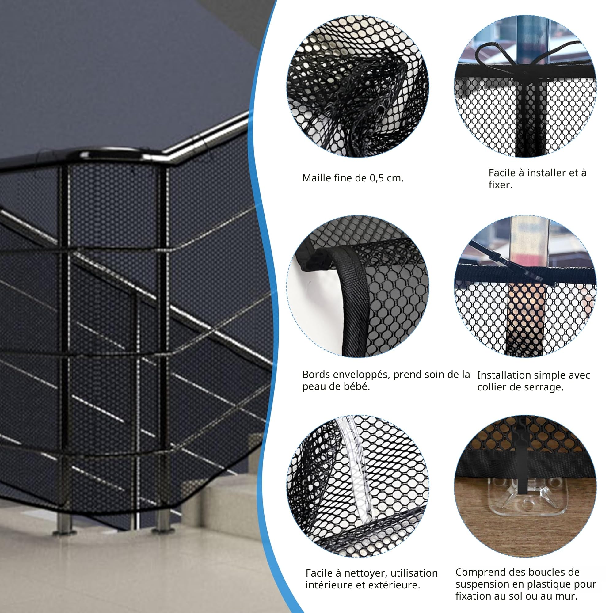 4,5 Mètres Filet de Sécurité pour Bébé, Filet de Protection Anti-Chute pour Escaliers, Balustrades de Balcon et Clôtures, Robuste et Réglable pour Enfants, Animaux Domestiques, Jouets, 4,5*0,9M Noir