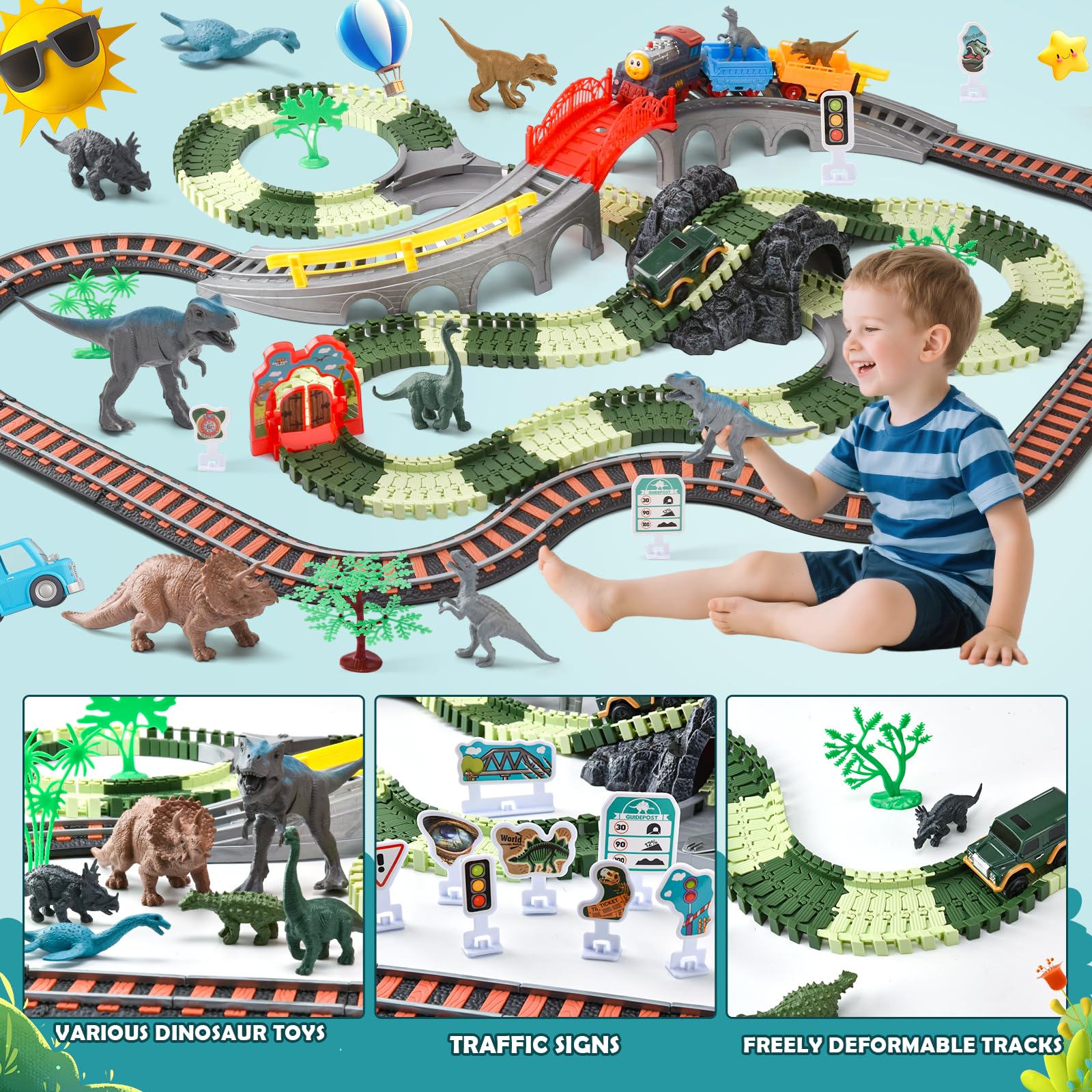 Circuit Train Electrique,259 PCS Jeu de Jouets de Véhicules avec Pont,Dinosaure Jouet Piste de Course, Pistes Flexibles,Jouets Train de Dinosaures Cadeau Garçons et Filles 3 4 5 6 7 8 9 10 Ans